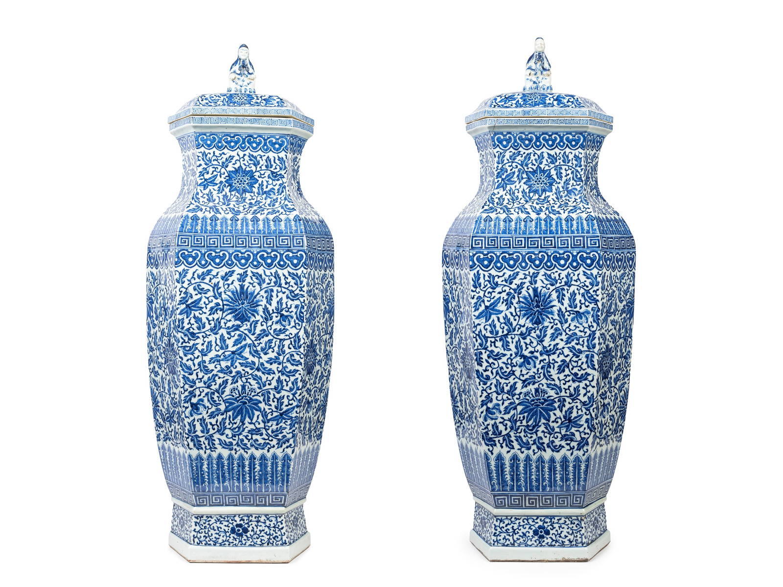 A VERY RARE PAIR OF HUGE BLUE AND WHITE HEXAGONAL BALUSTER-SHAPED PORCELAIN VASES, China, Qing dynas