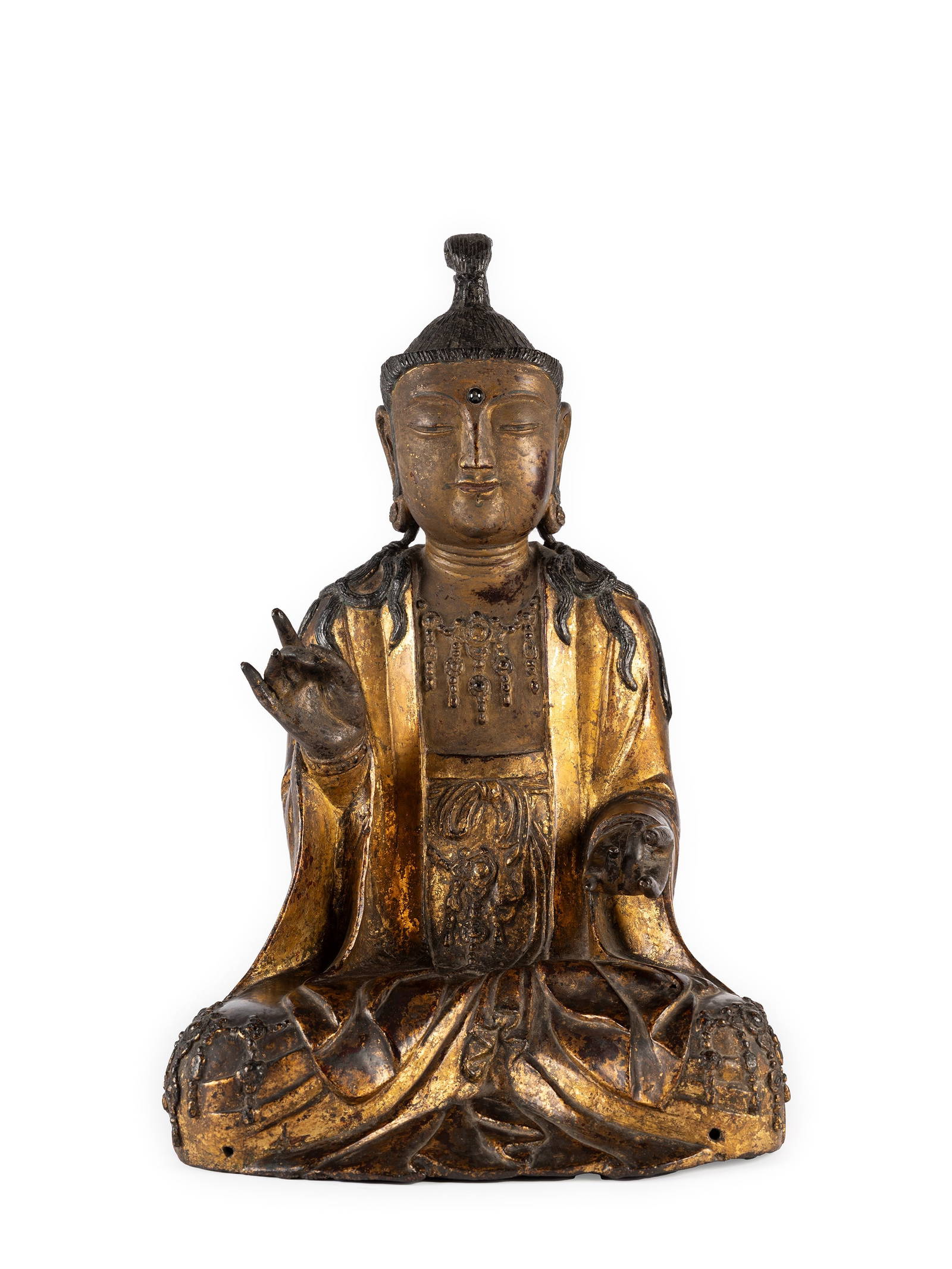 AN EXCEPTIONALLY RARE AND IMPORTANT LARGE GILT-BRONZE FIGURE OF GWANSE-EUM BOSAL, Korea, Goryeo peri