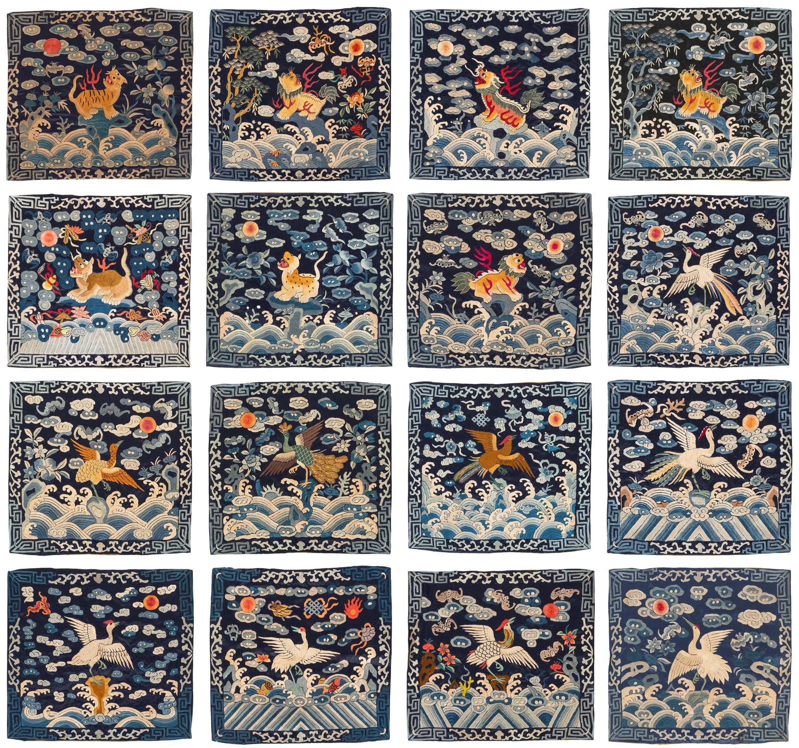 SIXTEEN EMROIDERY SILK 'RANK BADGES'', China, Qing dynasty (1644-1911)