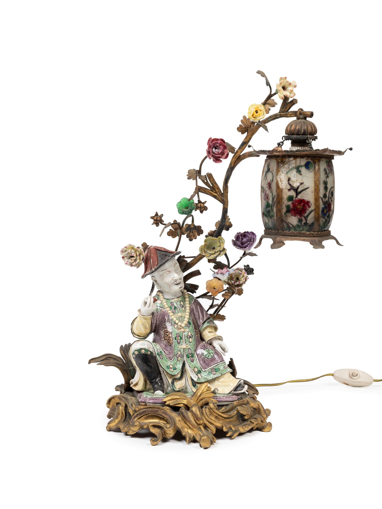 POLYCHROME PORCELAIN LAMP MOUNTED IN BRONZE DEPICTING A SEATED DIGNITARY, 19th century (1 of 3)