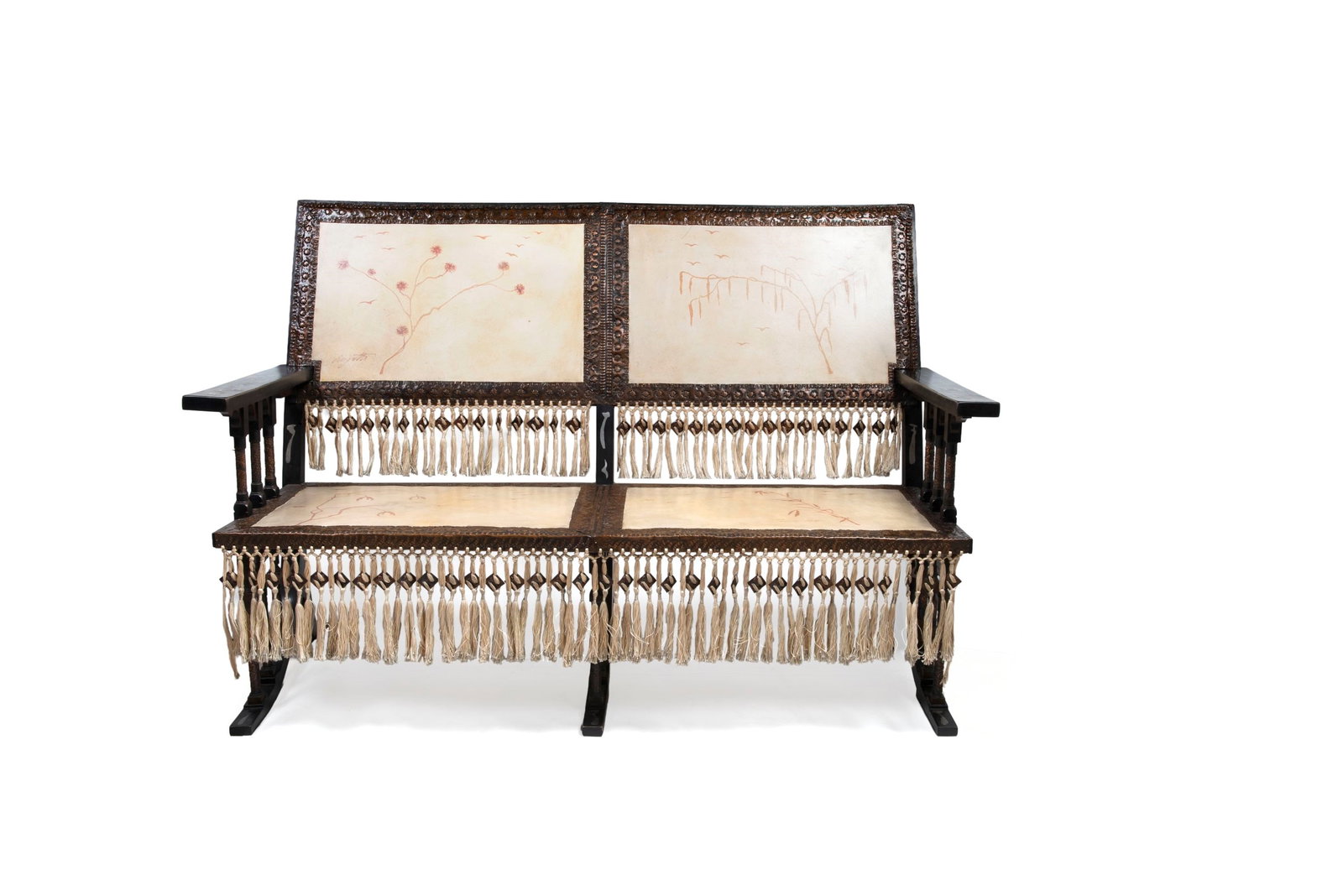 Carlo Bugatti (1856 - 1940) RARE TWO-SEAT SETTEE, Around 1905: h cm 100 x l cm 140 x p cm 59In ebonized walnut with pewter inlays, hammered copper framework, tassels, and finely painted parchment panels depicting birds and floral motifs, signed in red Bugatti.Pro