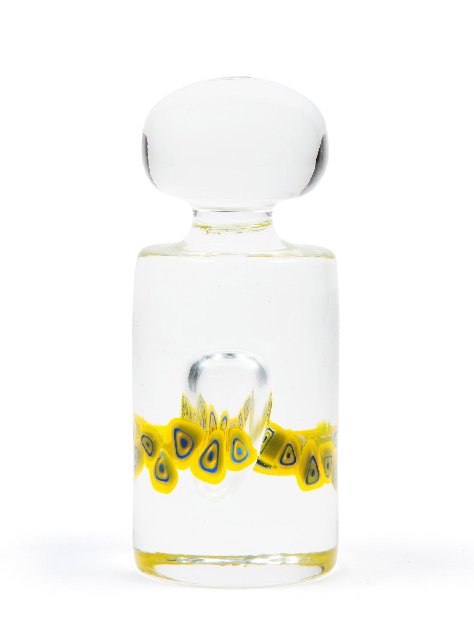 GLASS PAPERWEIGHT, MURANO, 20th century: h cm 16,5 x d cm 6Attributed to Antonio Da Ros for Cenedese. With murrine. Inscription “SR” on the handle.