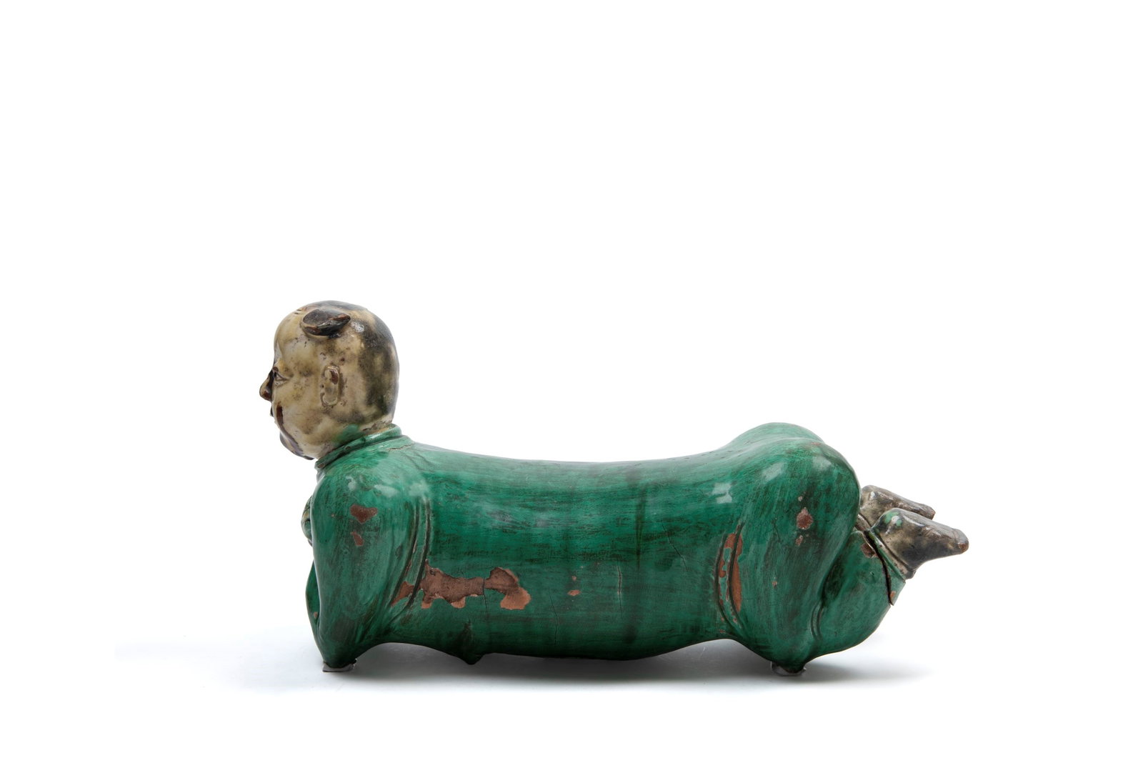POLYCHROME SANCAI CERAMIC SCULPTURE DEPICTING A RECLINING CHILD, China, late 19th / early 20th (1 of 5)