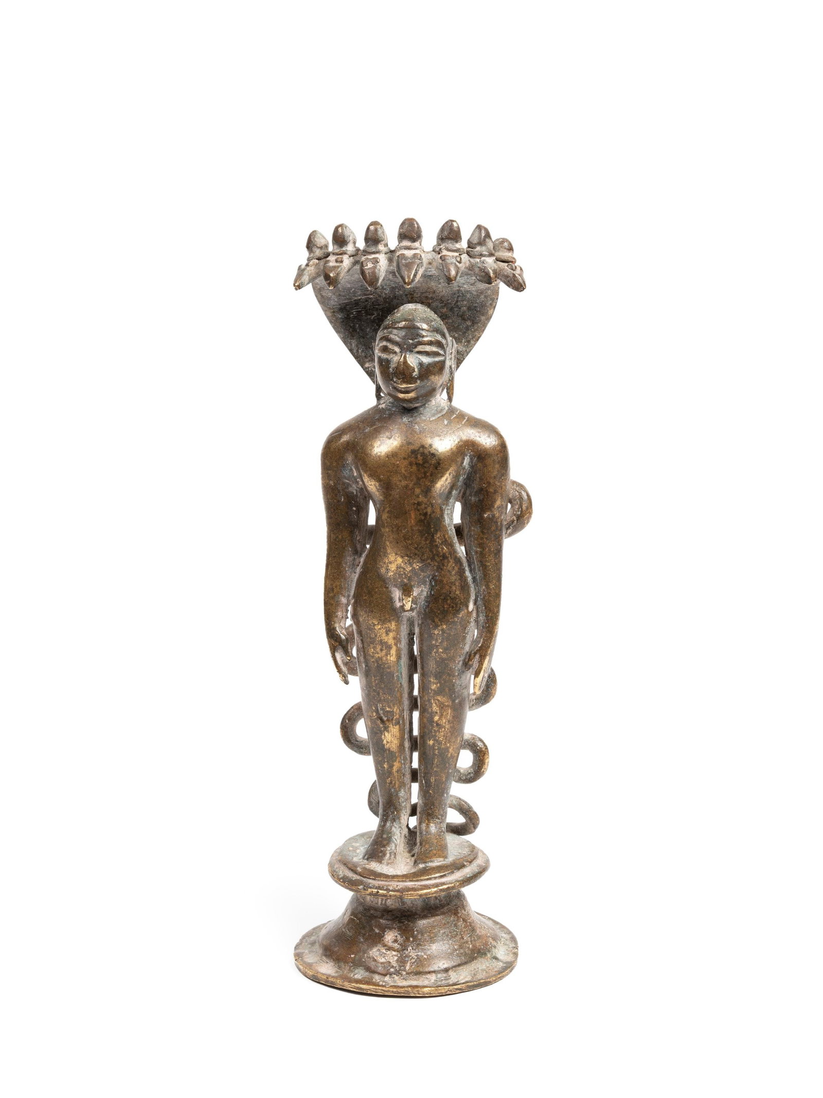 A BRASS SCULPTURE OF JINA PARSVANATHA, India, 16th century (1 of 2)