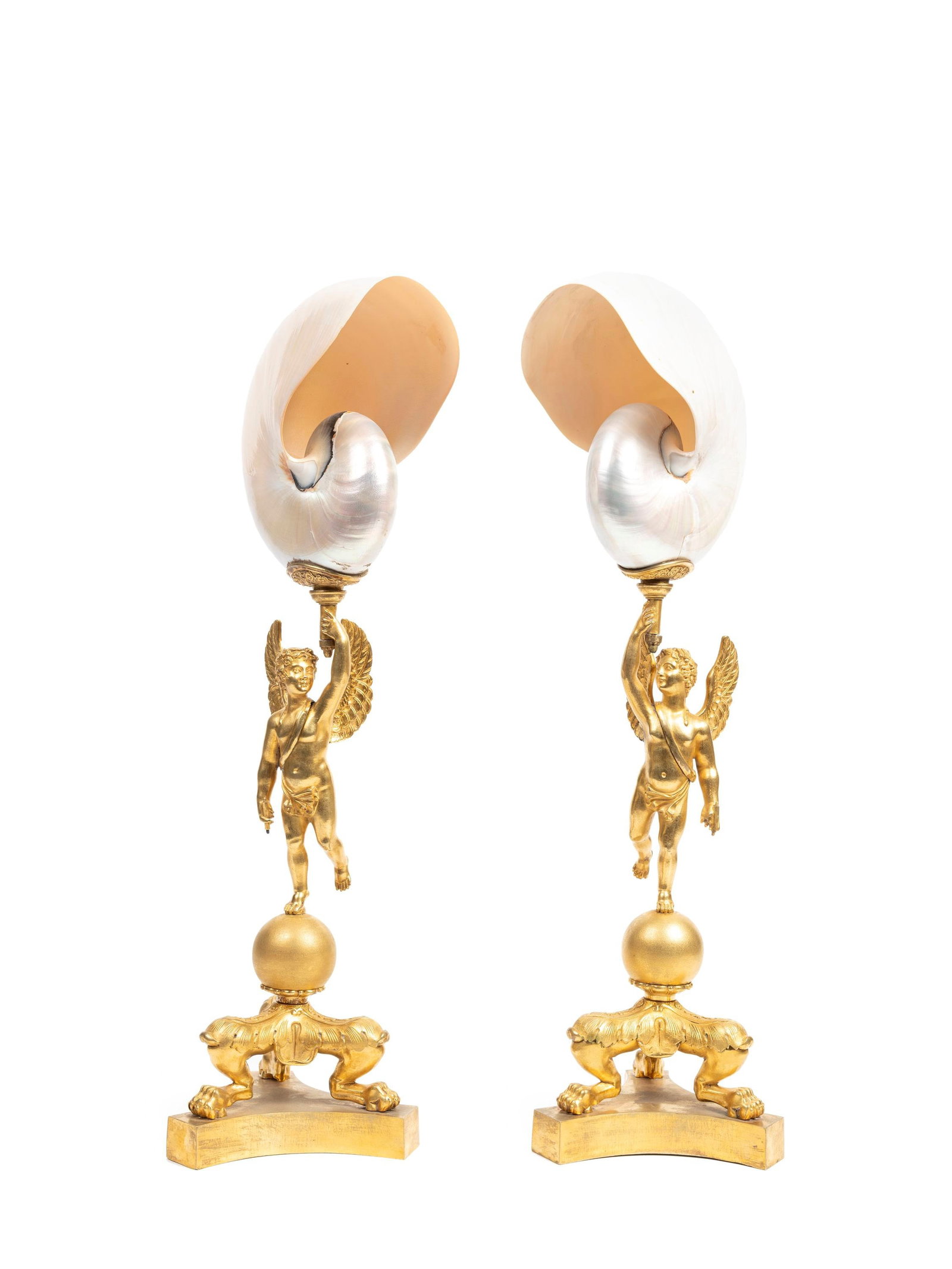 PAIR OF NAUTILUS SHELLS MOUNTED IN GILT BRONZE, 19th century (1 of 3)