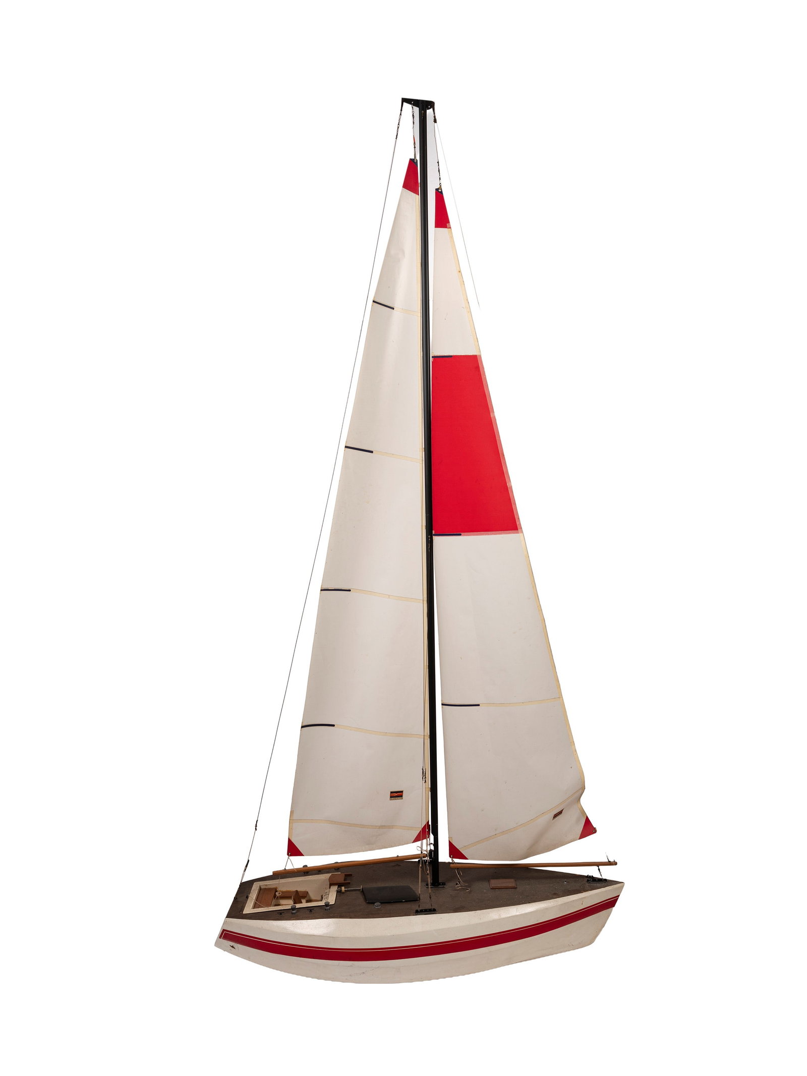 A 1980s GIANT SAILBOAT MODEL,: h cm 210 x 120 Structure material: wood, with a metal mast and canvas sails