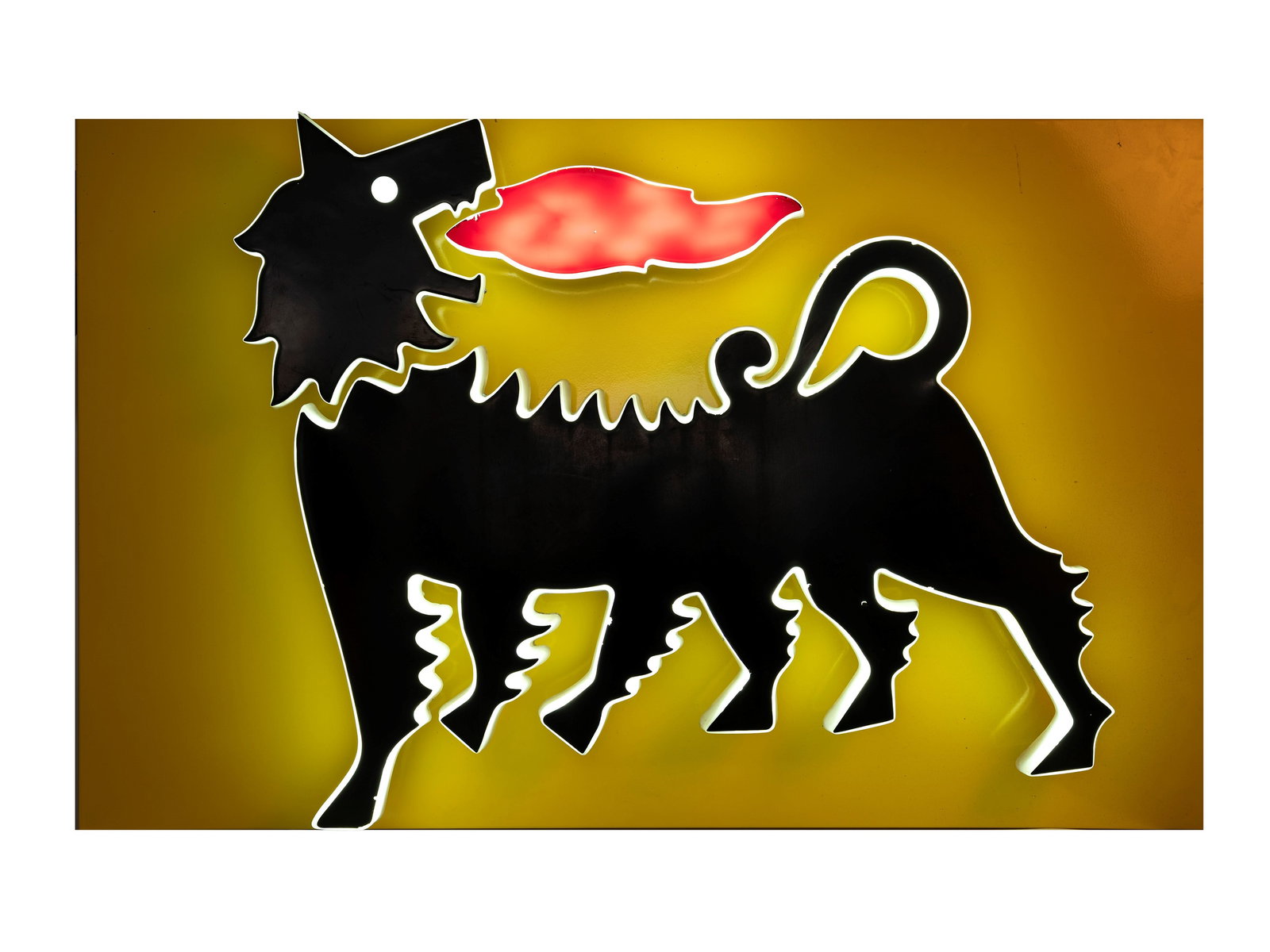 ENI SIX-LEGGED DOG LIGHTED ADVERTISING SIGN, : l cm 150 x h cm 90 Original sign from the company. Structure made of yellow enameled metal panel with plexiglass front.