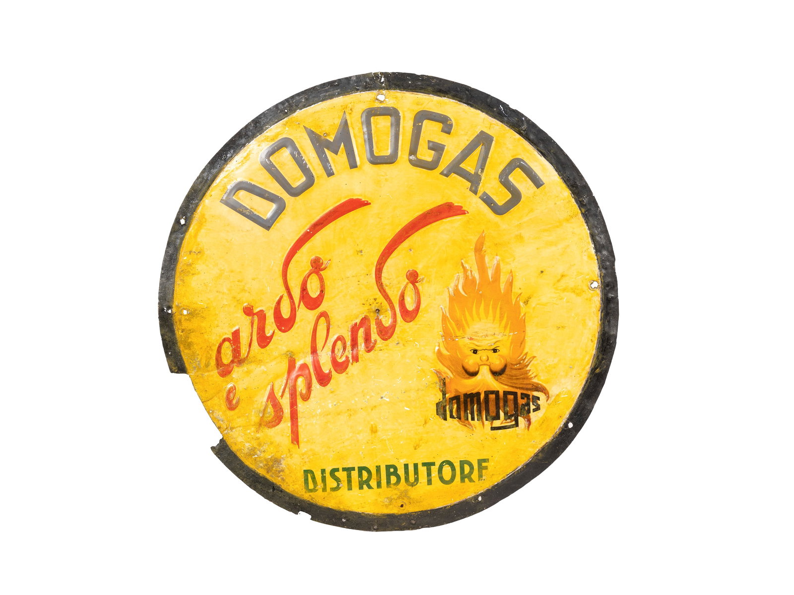 A SIGNBOARD SHIELD ADVERTISING PLAQUE DOMOGAS SERVICE: ARDO AND SPLENDO,: d cm 50 Metal sign with raised lettering.