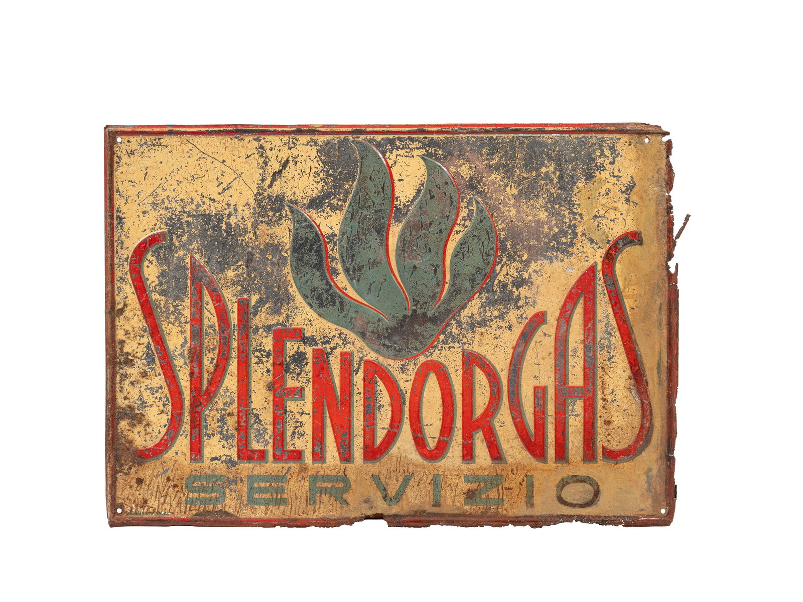 A SPLENDORGAS SERVICE ADVERTISING SIGNBOARD,: l cm 50 x cm 35 Metal sign with raised lettering, approximately 50×35 cm. Vintage from the 1960s.