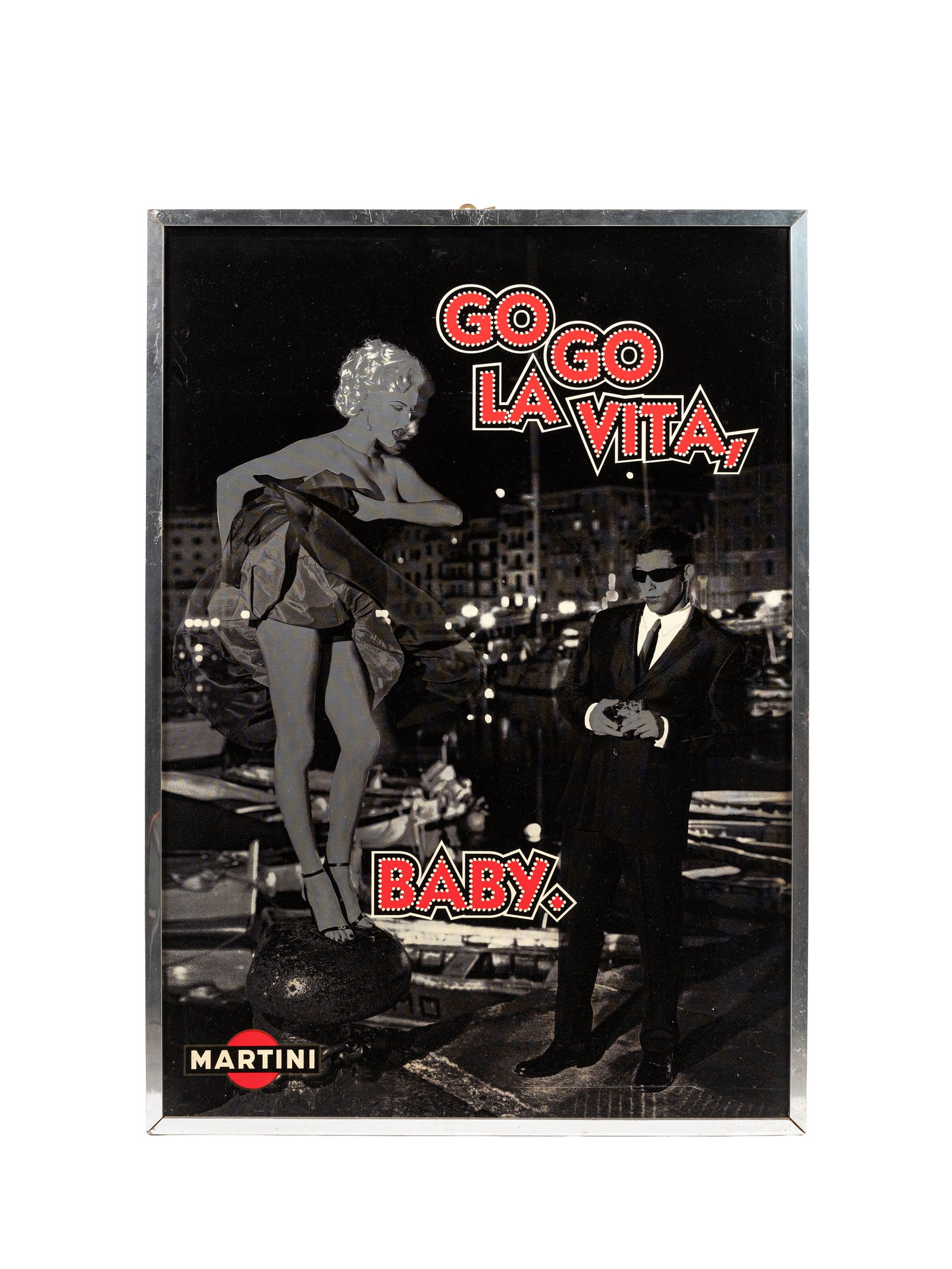 A MARTINI ADVERTISING POSTER SIGNBOARD "GO GO LA VITA, BABY",: l cm 87 x h cm 63 Print on a rigid backing with a metal frame.