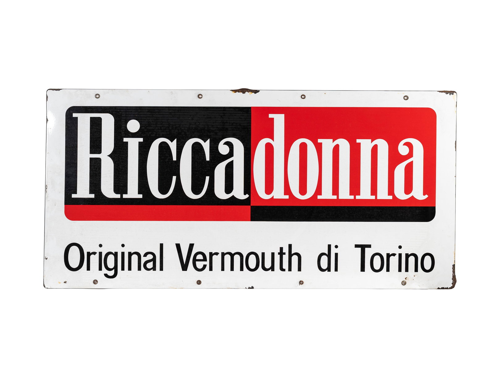 AN ORIGINAL RICCADONNA VERMOUTH DI TORINO ADVERTISING SIGN, : l cm 120 x 60 Original. Made of metal.