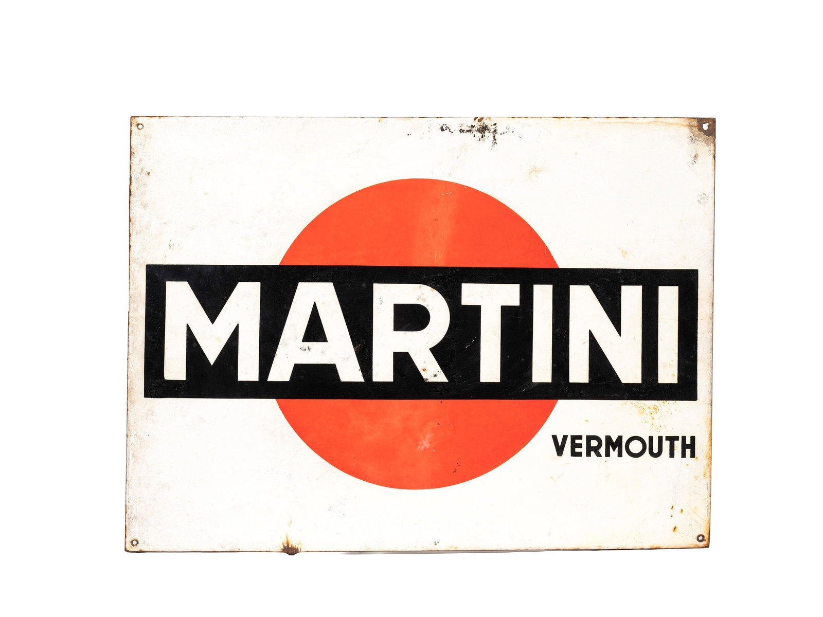 A VINTAGE 1950S ENAMELLED METAL MARTINI VERMOUTH SIGN,: l cm 60 x h cm 40 Original sign stamped Moneta Milano, year 1952 (mark slightly worn with age).