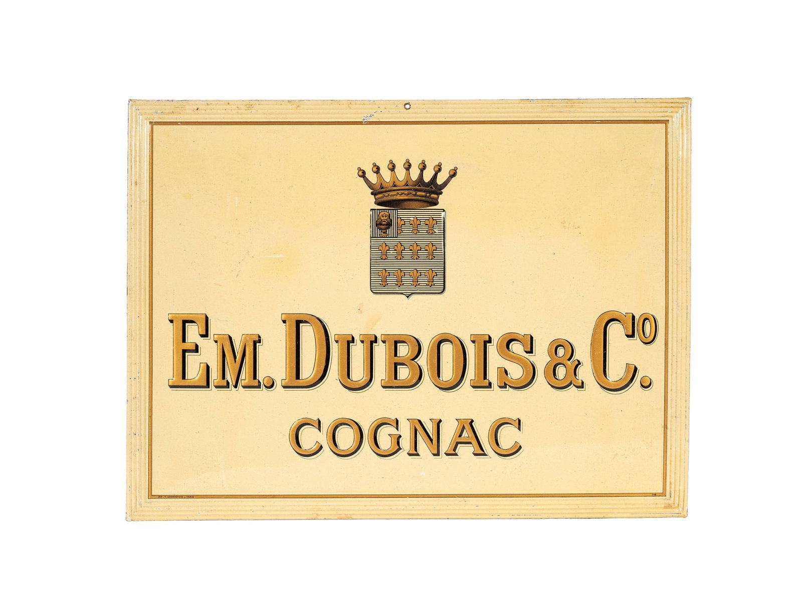AN ORIGINAL VINTAGE 1960S EM. DUBOIS & C. COGNAC ADVERTISING SIGN,: l cm 45 x h cm 35 Sign with raised lettering. Made of metal.