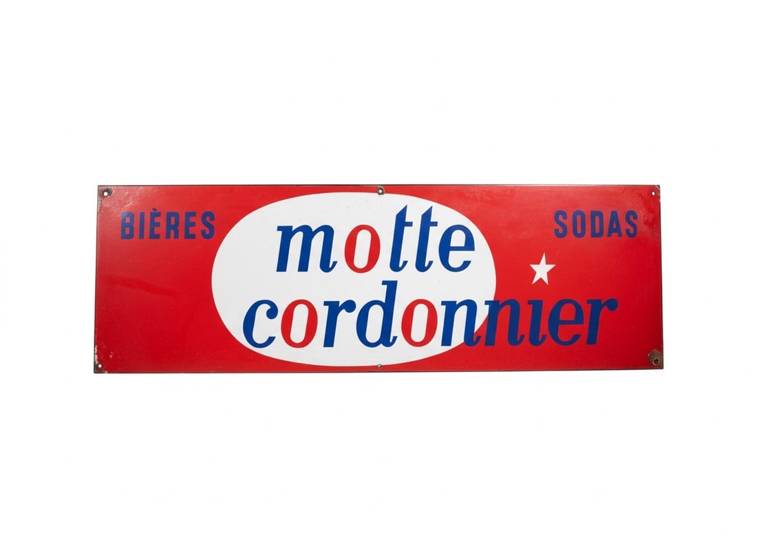 ORIGINAL VINTAGE 1960s ADVERTISING SIGN: MOTTE CORDONNIER BIERES SODAS.,: l cm 145 h cm 45 Enamelled metal with raised lettering