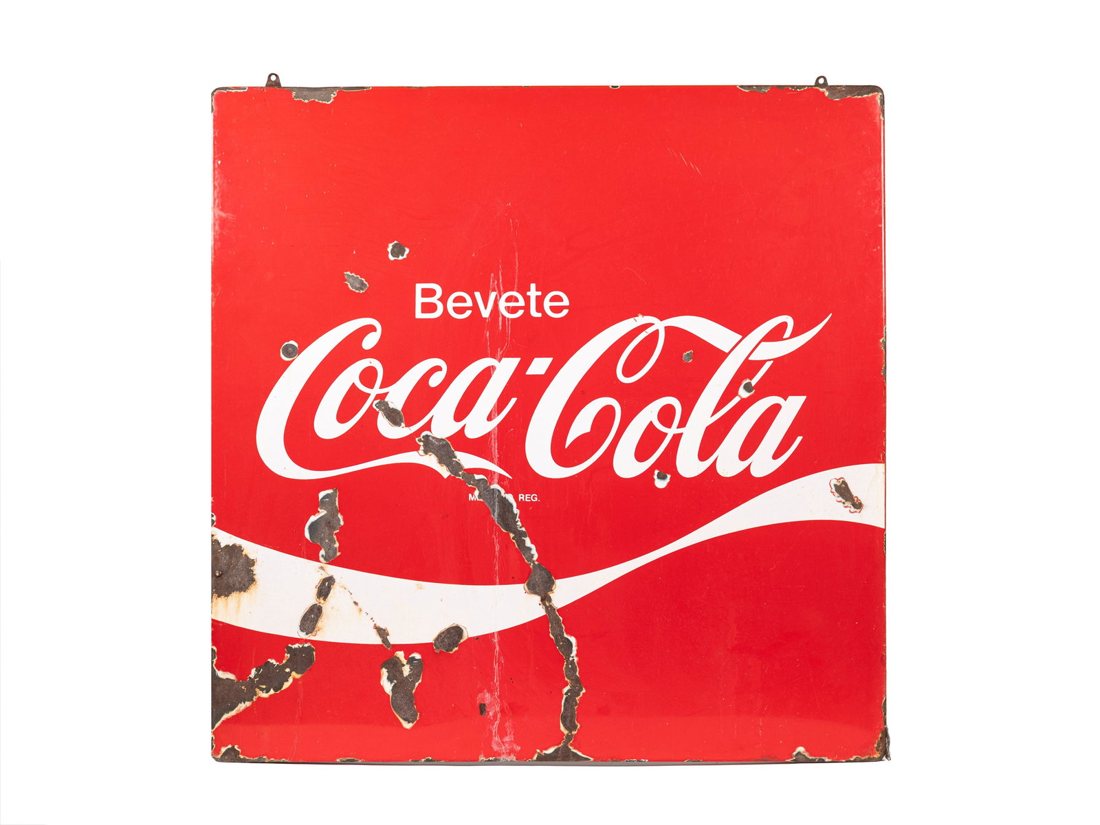 ADVERTISING SIGN WITH SLOGAN: DRINK COCA-COLA, : h cm 90 x l cm 90 1960s-style enameled metal cola bottle