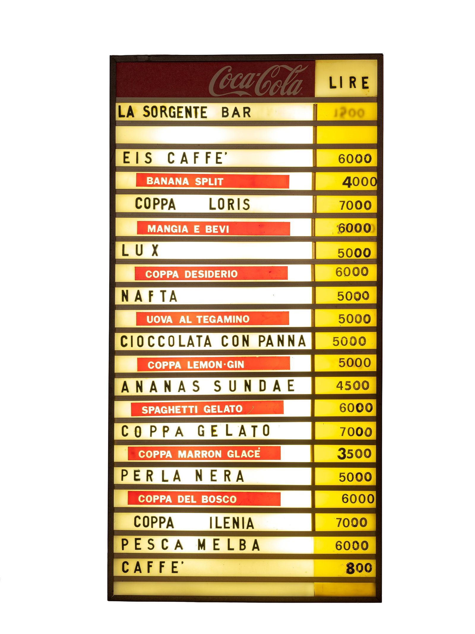 EXTREMELY RARE ILLUMINATED PRICE LIST FROM A COCA-COLA BAR, 1950s,  (1 of 1)