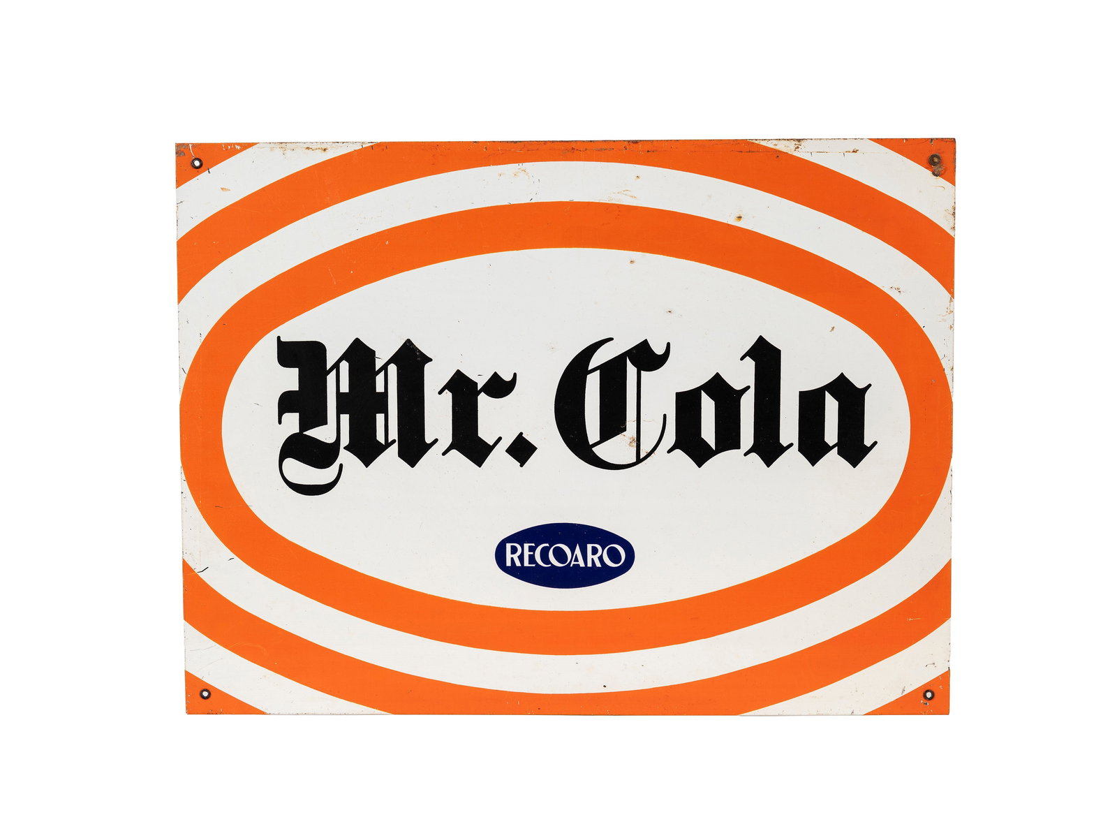ORIGINAL VINTAGE 1960s MR. COLA RECOARO ADVERTISING SIGN,: l cm 55 x h cm 40 Metal sign
