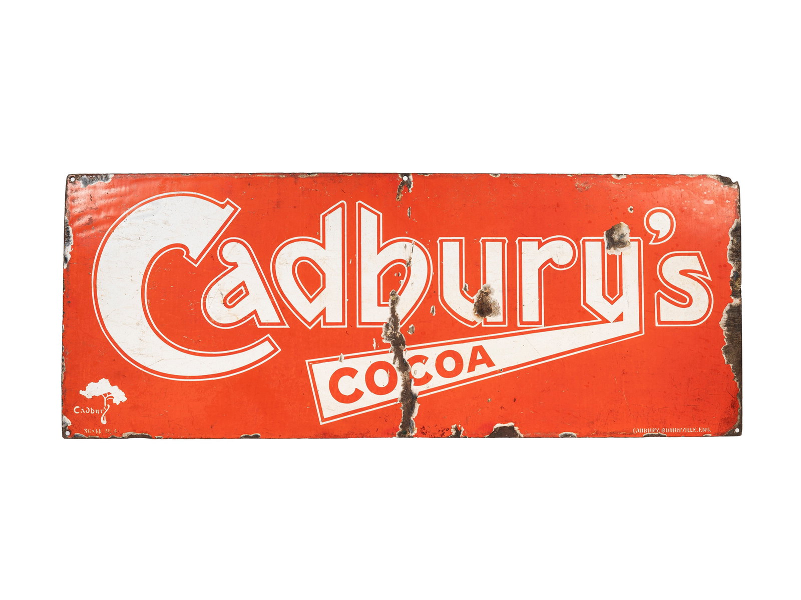 OLD CADBURY’S COCOA ADVERTISING SIGN,: l cm 90 x h cm 35 Enamelled metal sign from the 1960s.