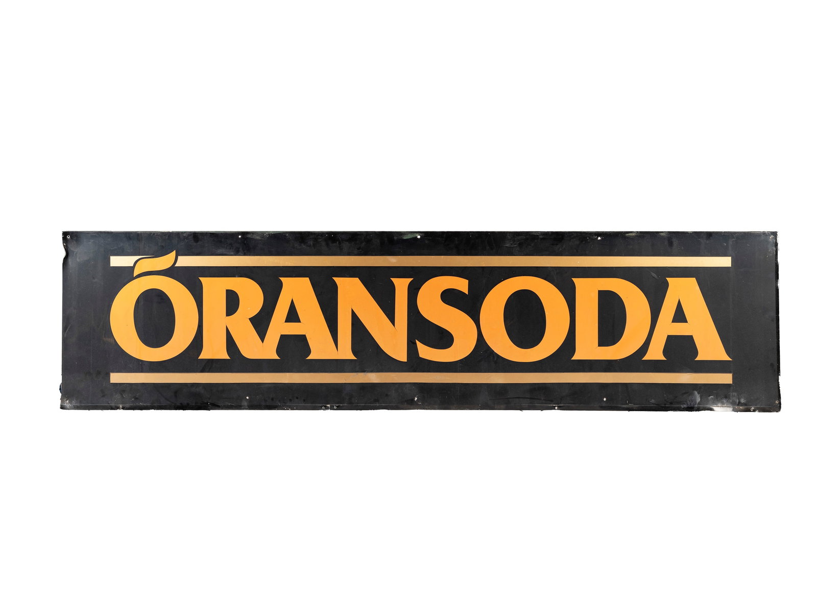 VINTAGE ORANSODA ADVERTISING SIGN,: l cm 200 x h cm 50 1970s, from a famous bar in central milan. material metal sheet