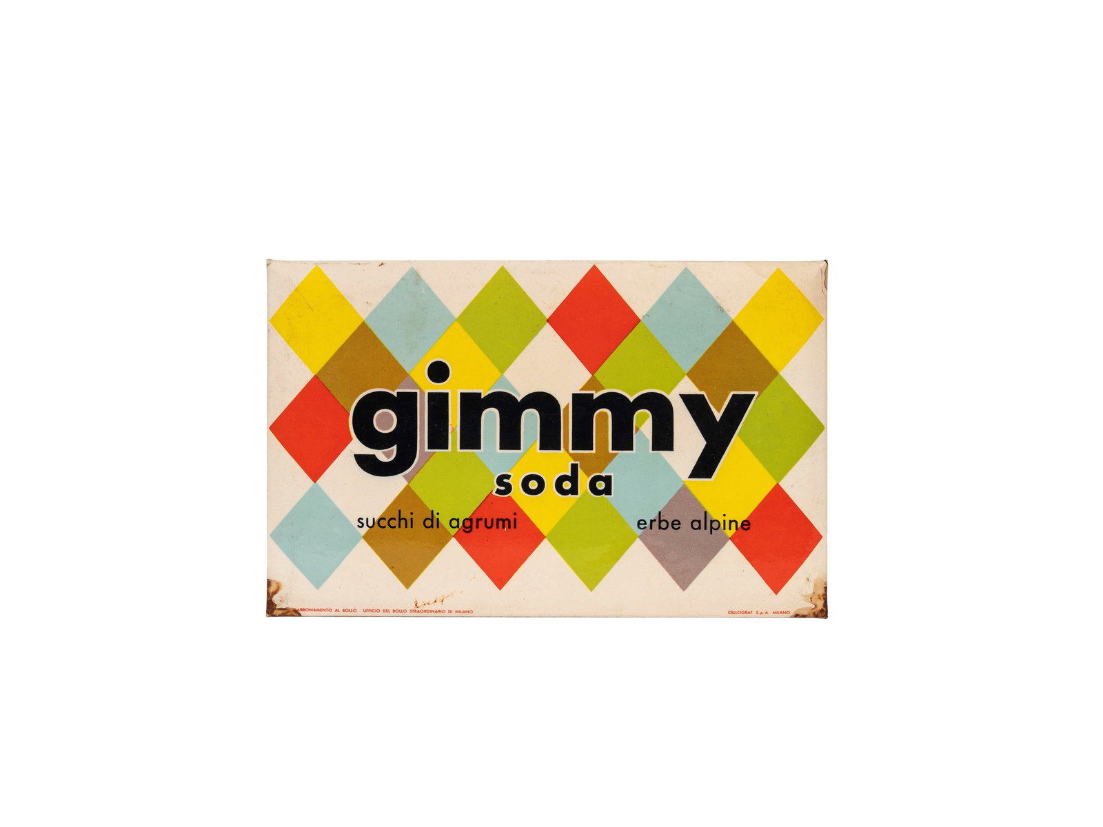 GIMMY SODA ADVERTISING DISPLAY SIGN, CITRUS JUICES AND ALPINE HERBS,: l cm 18 x h cm 12 warehouse stock, 1970s. screen-printed. original, abbonamento al bollo, cellograf spa milan