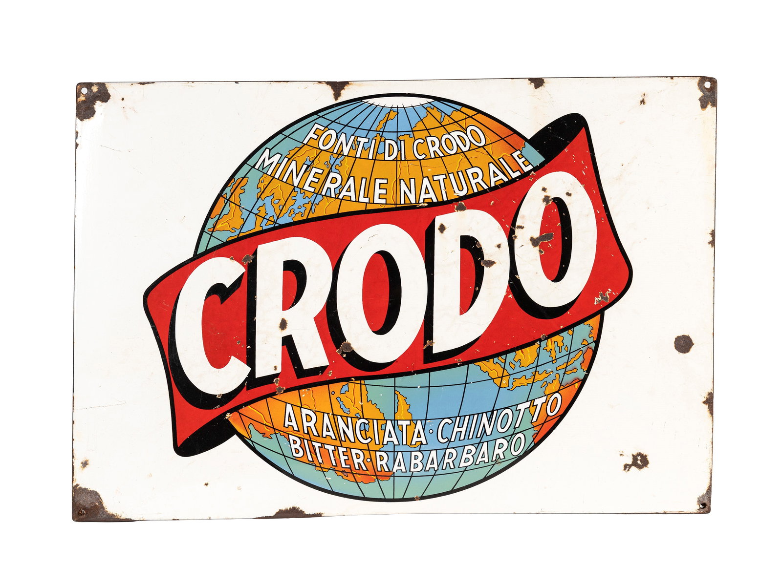 FONTI DI CRODO NATURAL MINERAL WATER ADVERTISING SIGN, : l cm 60 x h cm 55 ARANCIATA CHINOTTO BITTER RABARBARO. ORIGINAL VINTAGE SIGN, 1960s. enameled metal with raised lettering. original smalteria veneta bassano