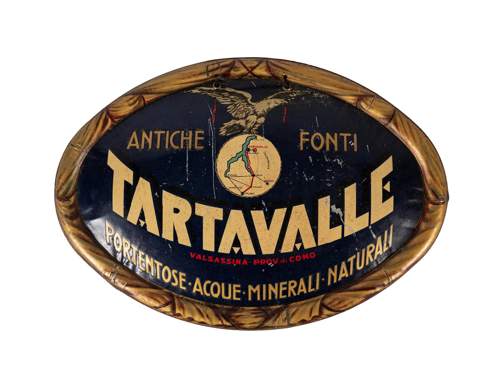 ORIGINAL ANTIQUE ADVERTISING SIGN, EARLY 1900s, ANTICHE FONTI TARTAVALLE, VALSASSINA, PROVINCE OF: l cm 35 x h cm 25 convex metal sign