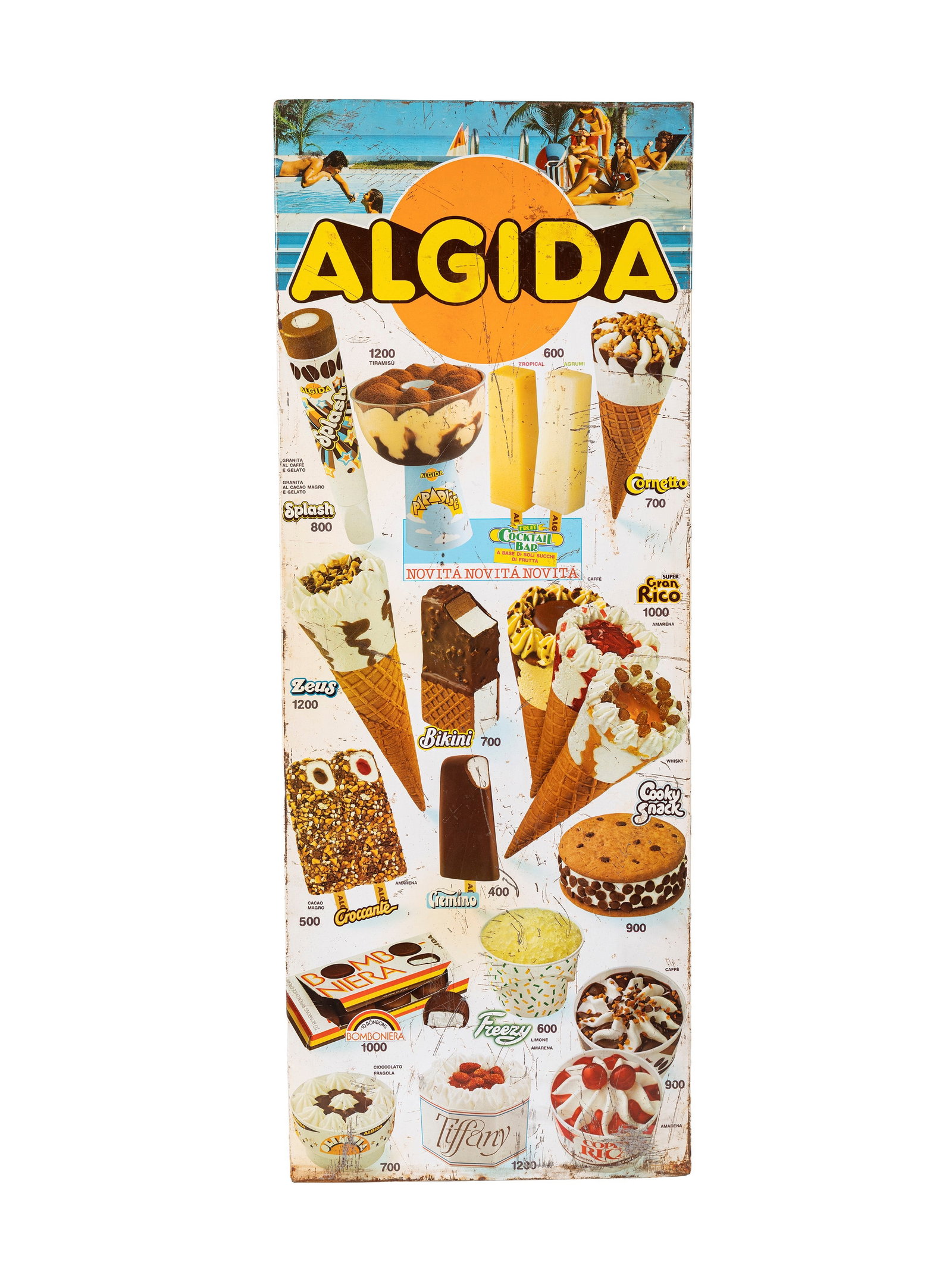 ICE CREAM PRICE LIST SIGN,: h cm 80 x l cm 30 metal, brand ALGIDA. prices still in lire. 1980s period, vintage metal
