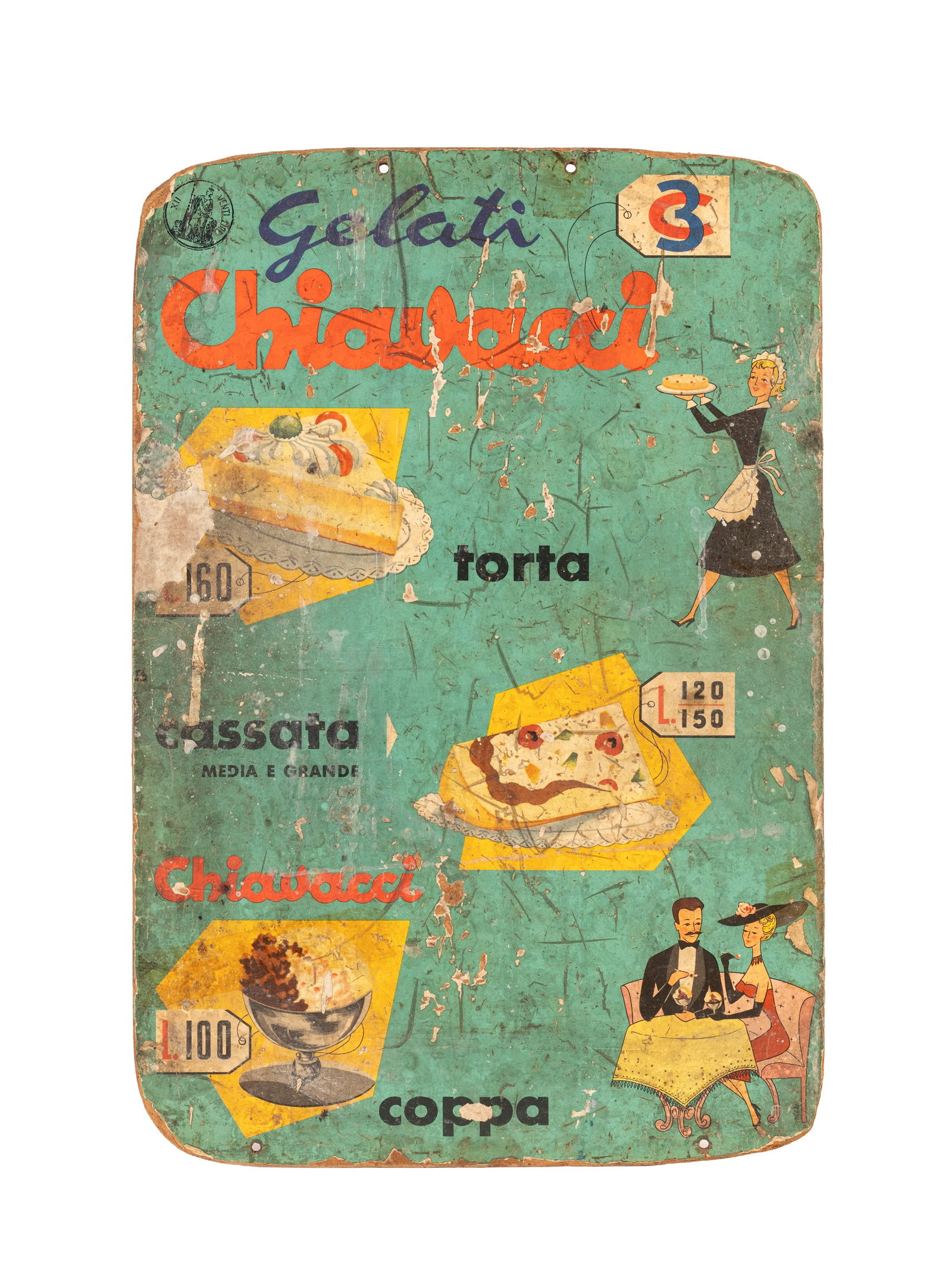 CHIAVACCI ICE CREAM ADVERTISING SIGN IN MASONITE, : h cm 50 x l cm 30 vintage, 1950s, one of the first in masonite