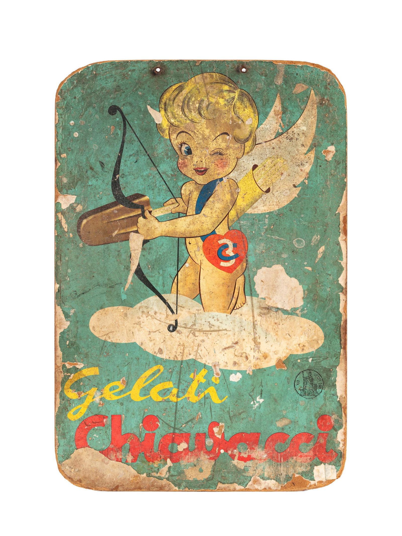 CHIAVACCI ICE CREAM ADVERTISING SIGN IN MASONITE, : h cm 50 x l cm 30 vintage, 1950s, one of the earliest in masonite
