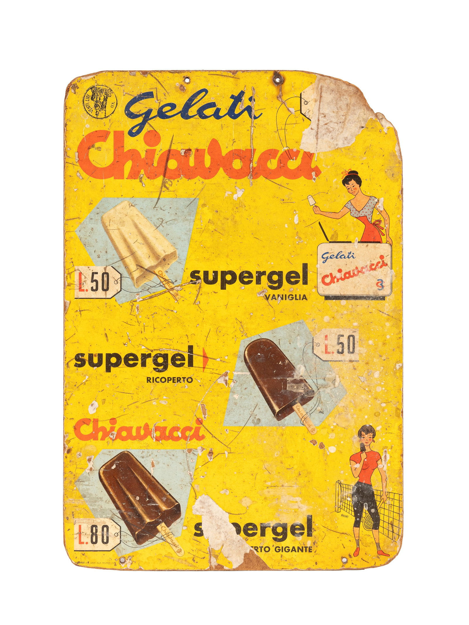 CHIAVACCI ICE CREAM ADVERTISING SIGN IN MASONITE, : h cm 50 x l cm 30 vintage, 1950s, one of the first in masonite