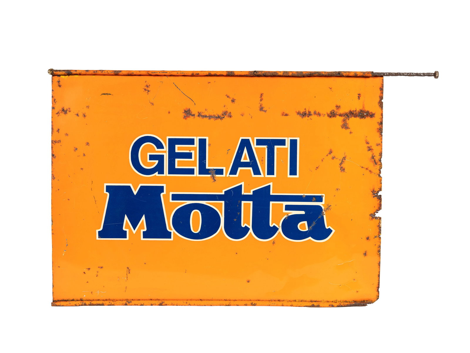 BIFACIAL MOTTA ICE CREAM ADVERTISING SIGN,: l cm 70 x h cm 50 vintage, 1970s, metal