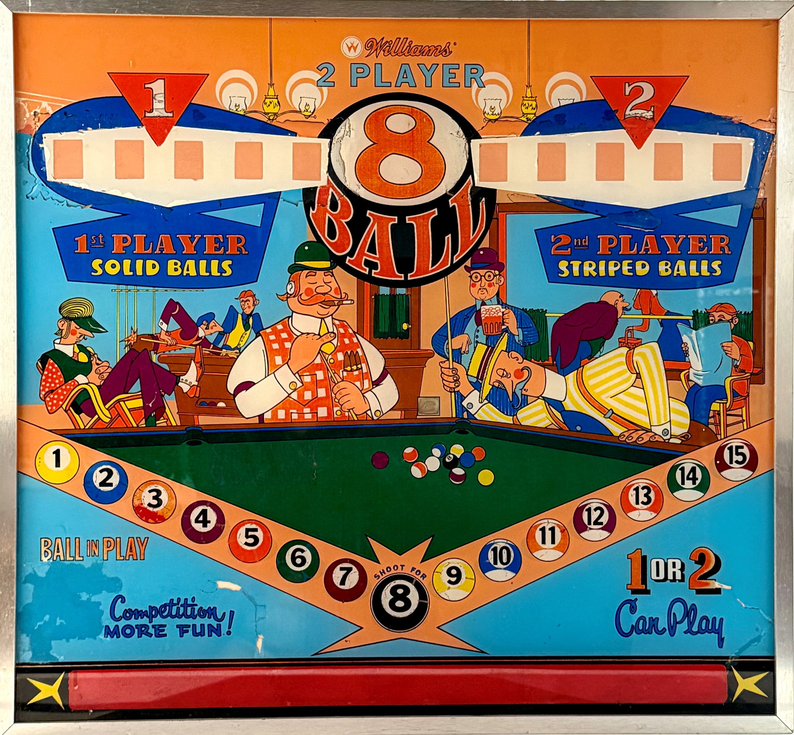 BACKGLASS PANEL OF A WILLIAMS EIGHT BALL PINBALL MACHINE, 1966 (1 of 1)