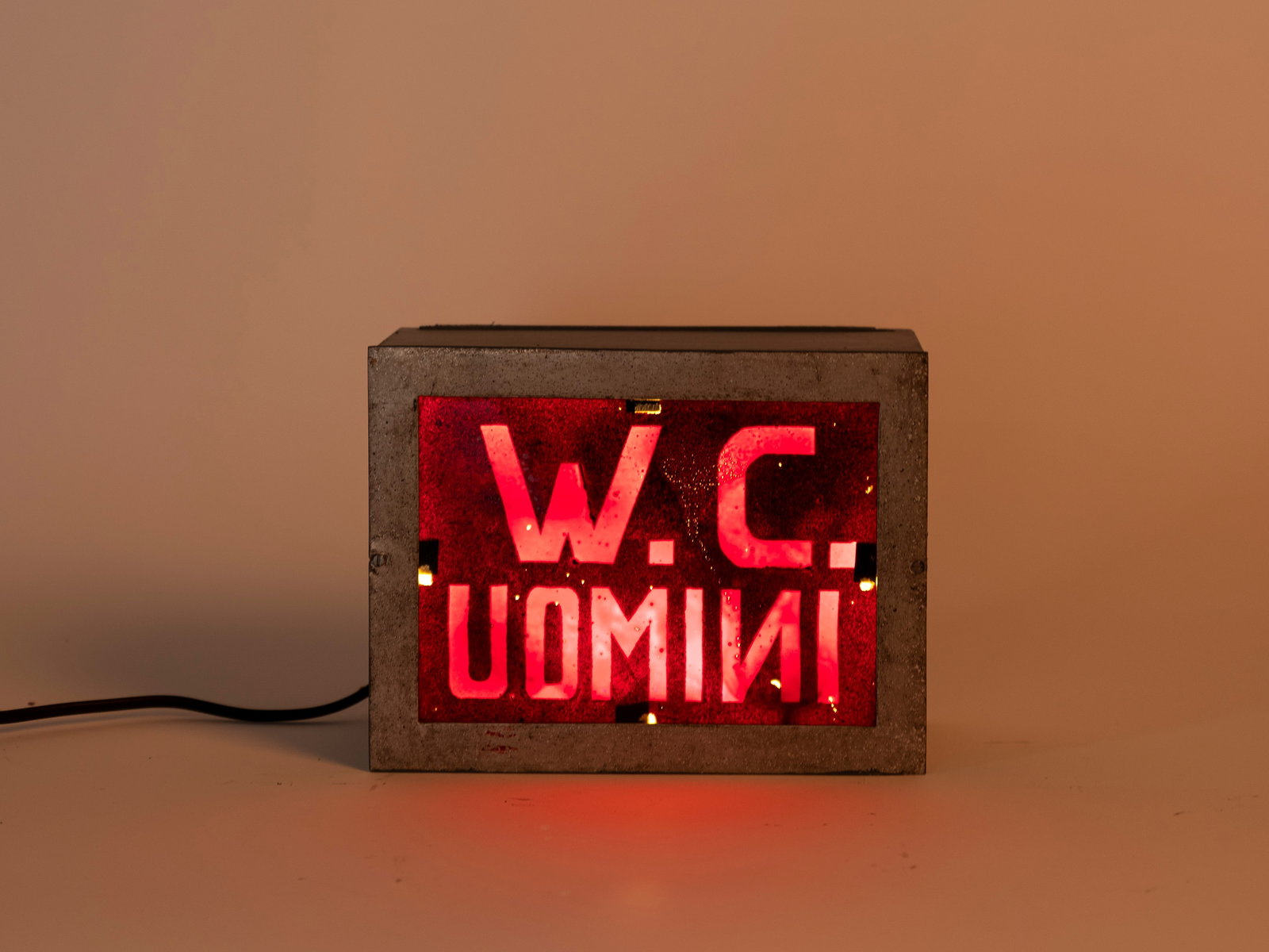 MEN'S TOILET SIGN,: l cm 20 x h cm 18 from the original toilets of an old Italian cinema dating from the early 1900s. Metal frame with glass front