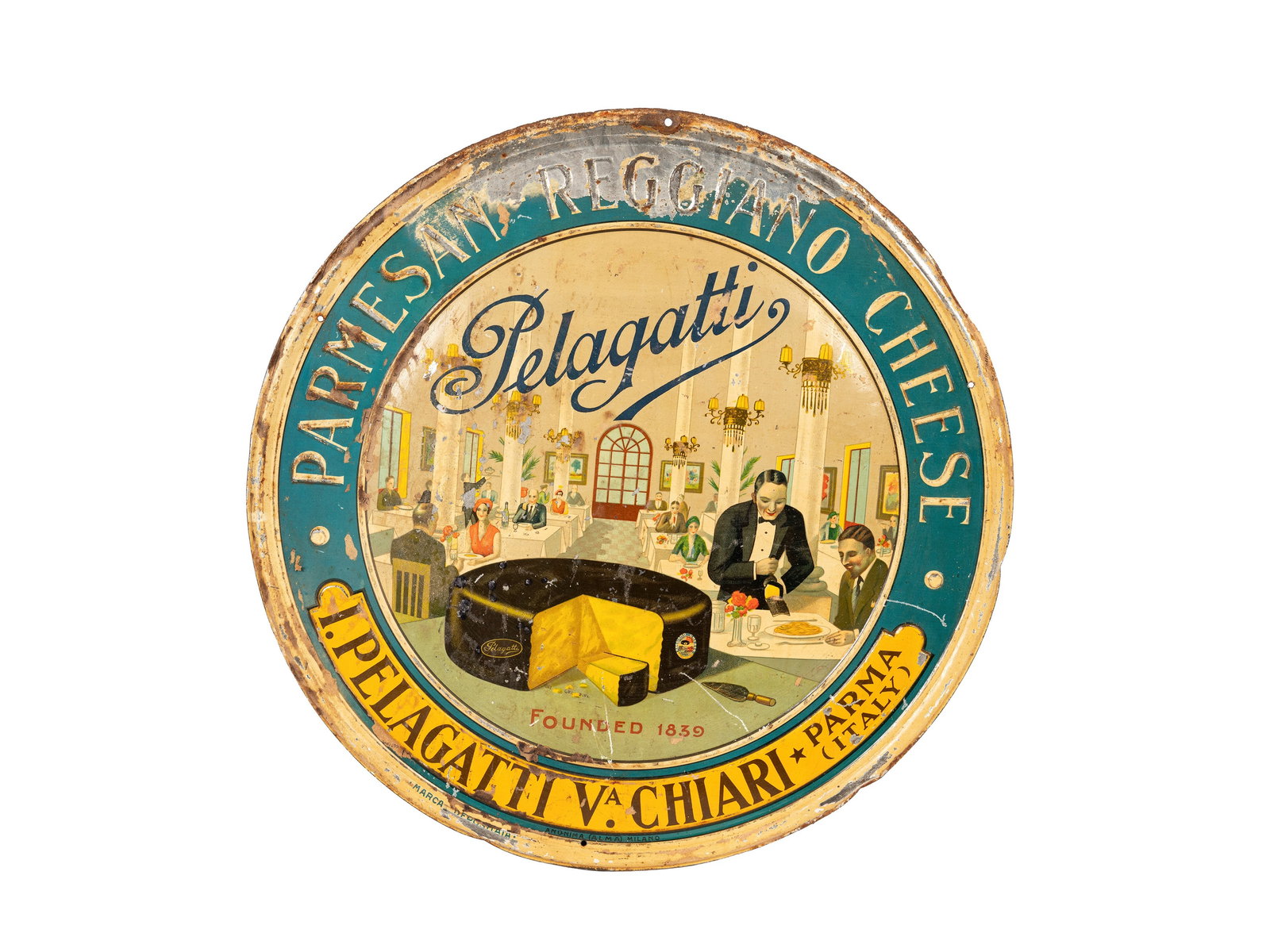 OLD ROUND ADVERTISING SIGN FROM THE 1960s: PARMESAN, REGGIANO, PELEGATTI, CHIARI, PARMA., (1 of 1)
