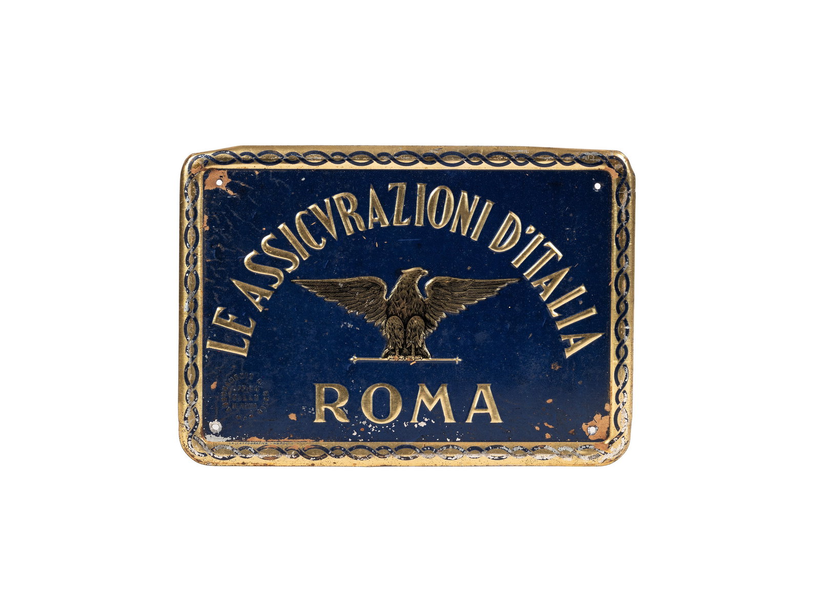 ANTIQUE SIGN: LE ASSICURAZIONI D’ITALIA, ROME,: l cm 24 x h cm 17 1960s metal sign with embossed lettering, dimensions