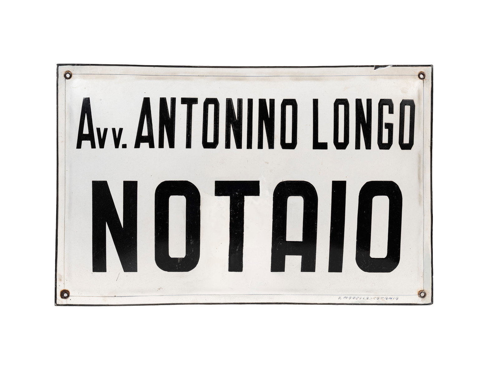 1960s SIGN,: l cm 50 x h cm 32 Domed and glazed, with a white background and black lettering in relief: Antonino Longo, Solicitor and Notary. Original, early 20th century.