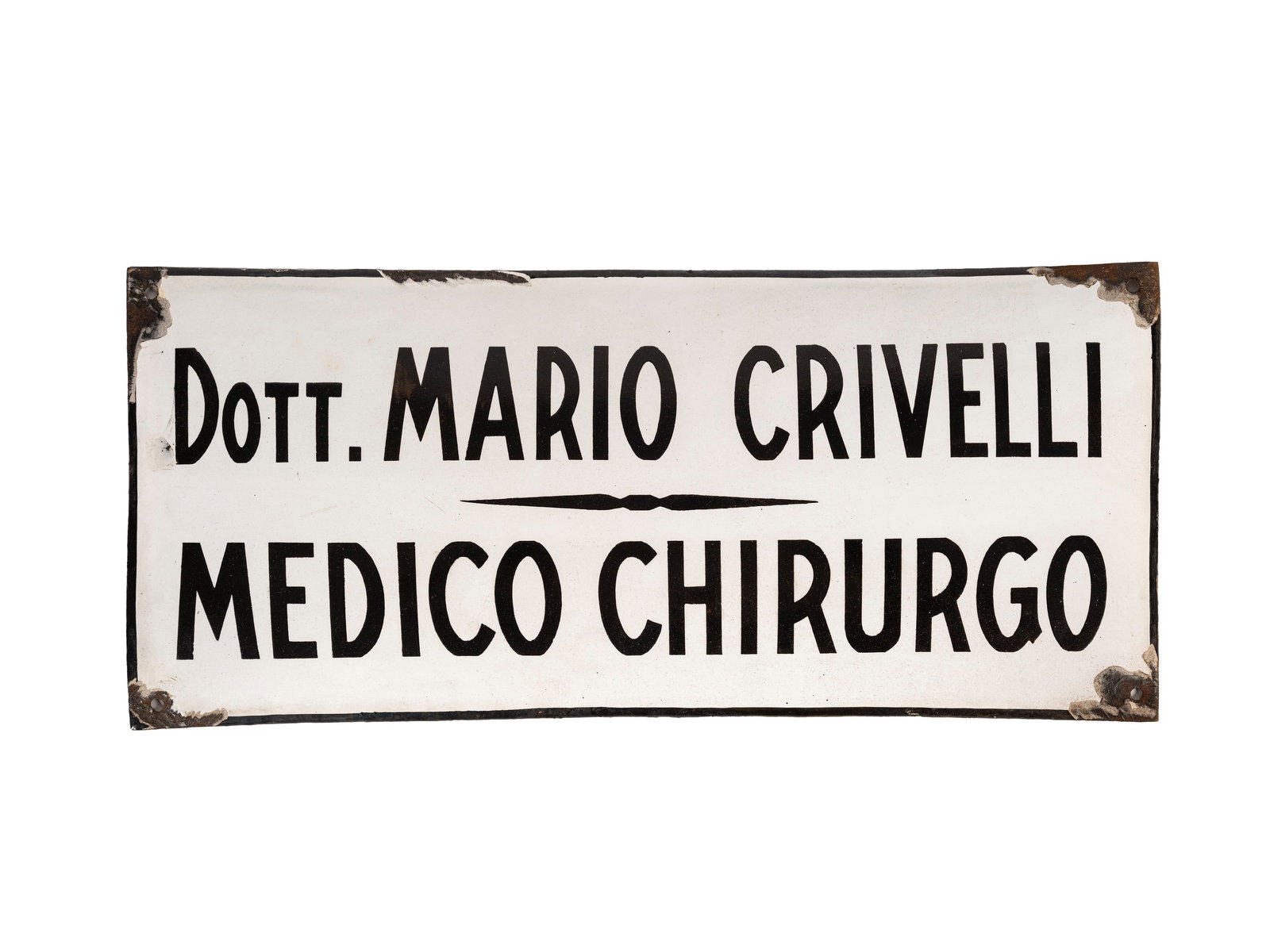1930S-STYLE CURVED SIGN, ENAMELLED IN BLACK AND WHITE: DR MARIO CRIVELLI, SURGEON,  (1 of 1)