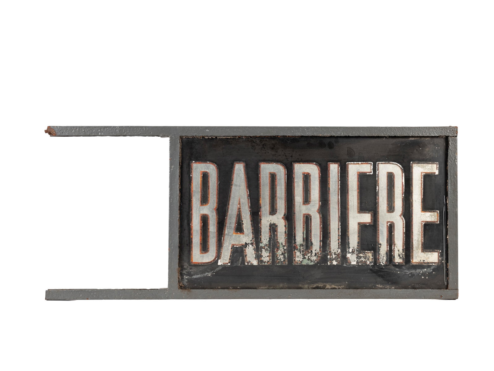 DOUBLE-SIDED GLASS SIGN WITH BRACKET: BARBER.,: l cm 86 x h cm 38 Dated from the early 1900s. Original pieces from the period, in excellent condition