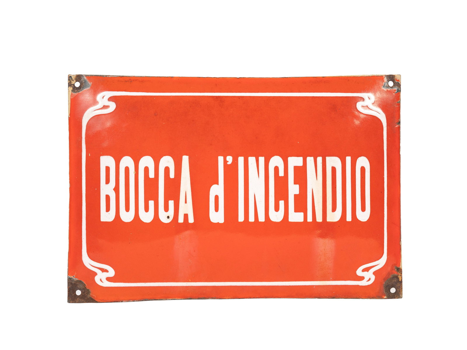 1930s CONVEX ENAMELED SIGN – “BOCCA D’INCENDIO??,: l cm 30 x h cm 20