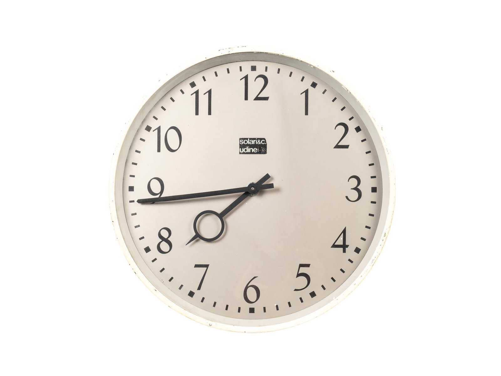 INDUSTRIAL DESIGN CLOCK – SOLARI & C., UDINE, : d cm 35 Made of aluminum and metal with a glass front.