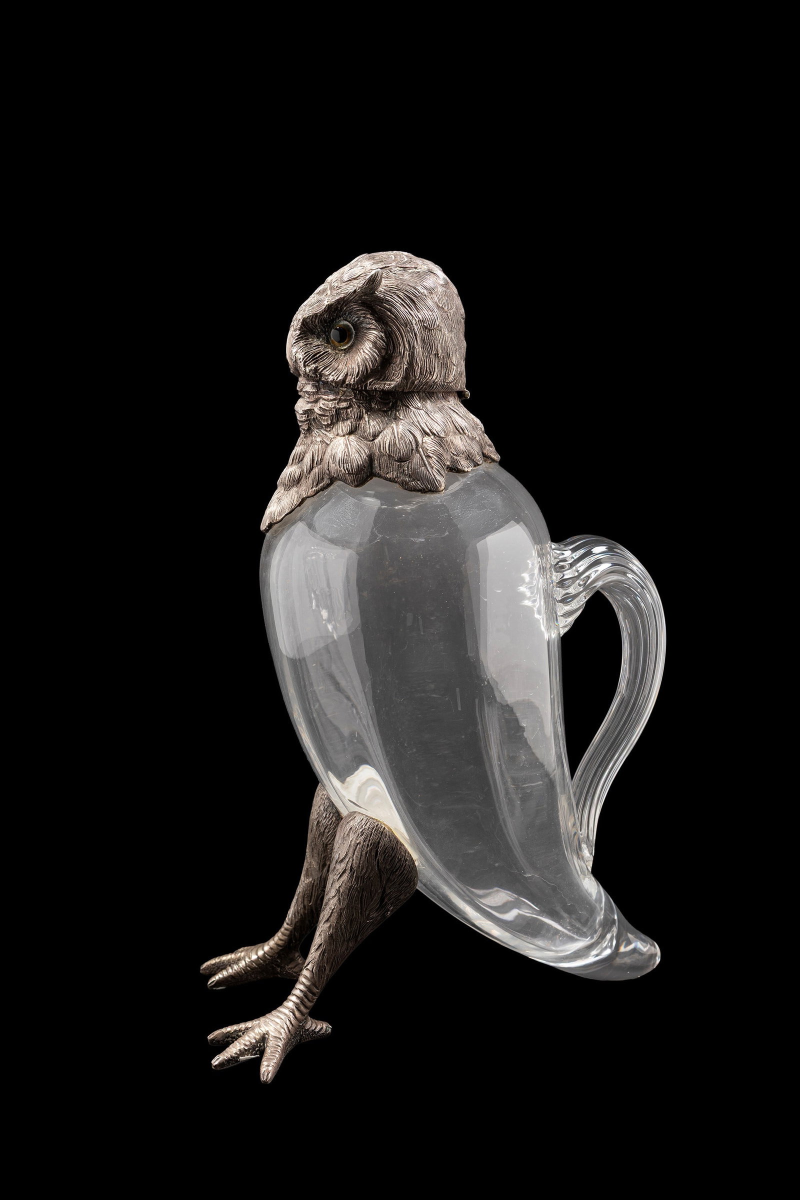 GLASS AND SILVER JUG IN THE SHAPE OF AN OWL, Late 19th / early 20th century (1 of 3)