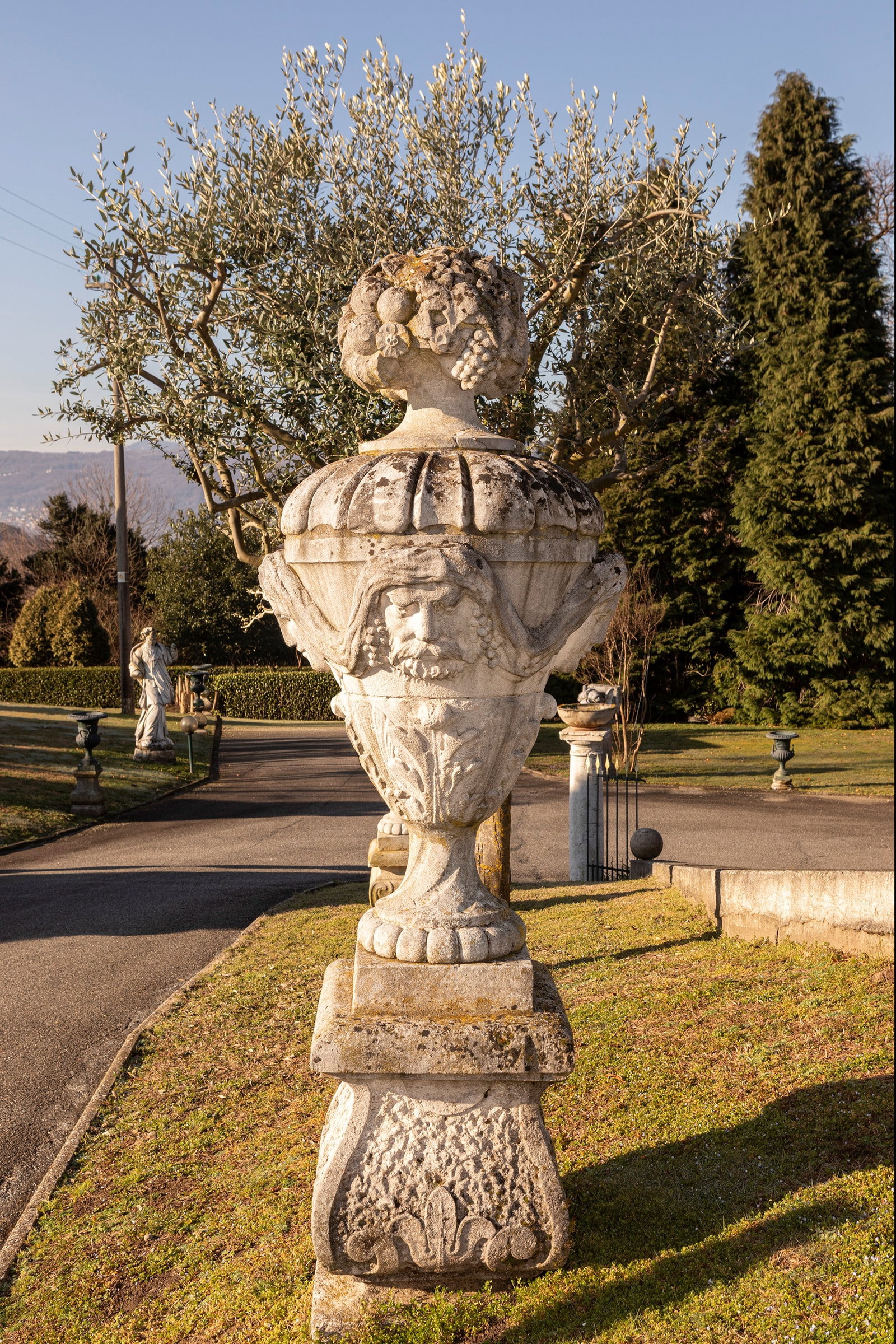 §A PAIR OF LARGE VICENZA STONE VASES WITH LIDS, FEATURING A FRUIT TRIUMPH, 19th century (1 of 9)