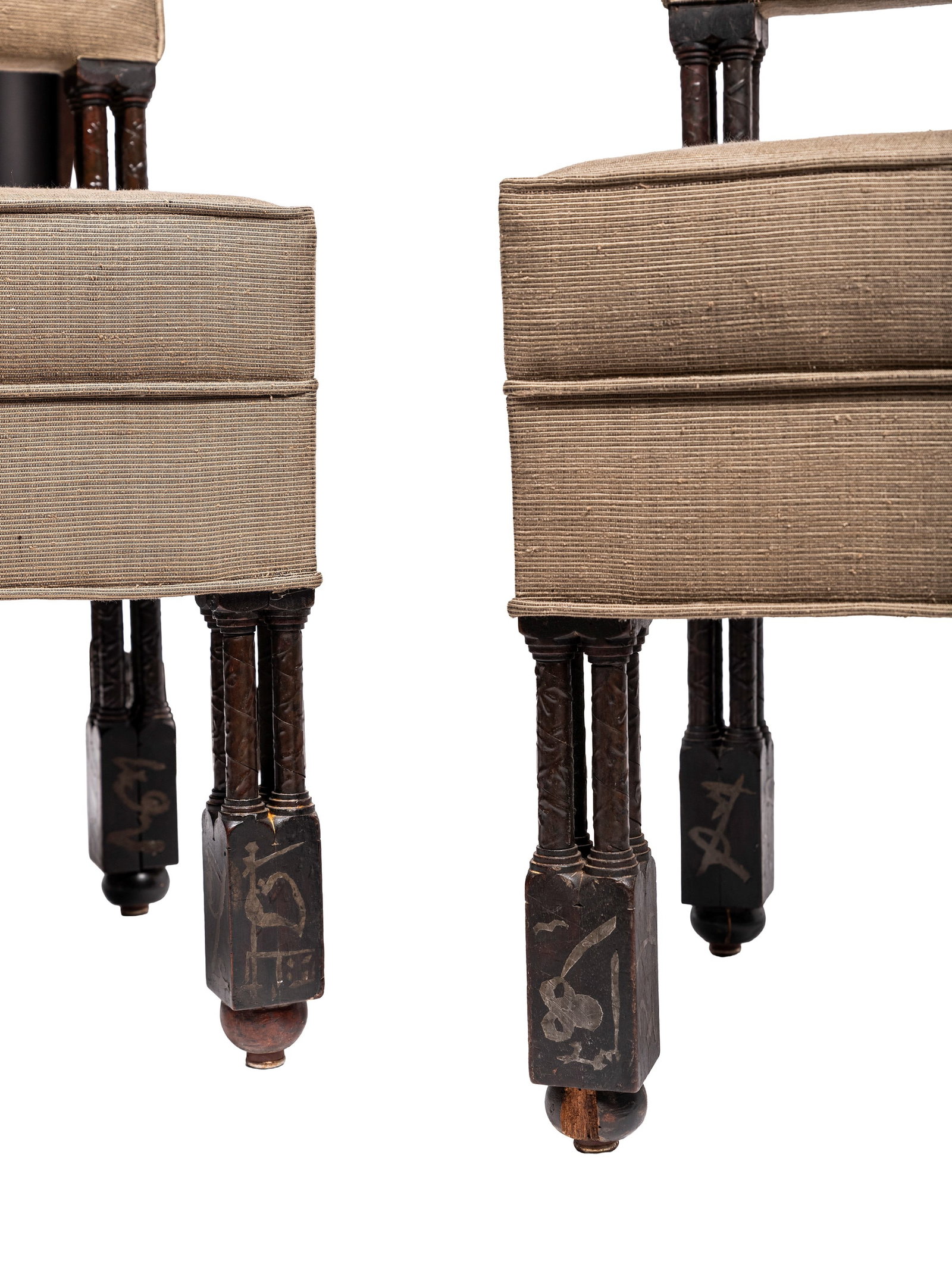Carlo Bugatti (attr.) FOUR CHAIRS, 1900 ca.: h cm 88,5 x l cm 41 x p cm 40,5 In walnut wood, partially ebonised, enriched with pewter inlays featuring floral motifs. The structure is supported by feet and a backrest framework articulated through