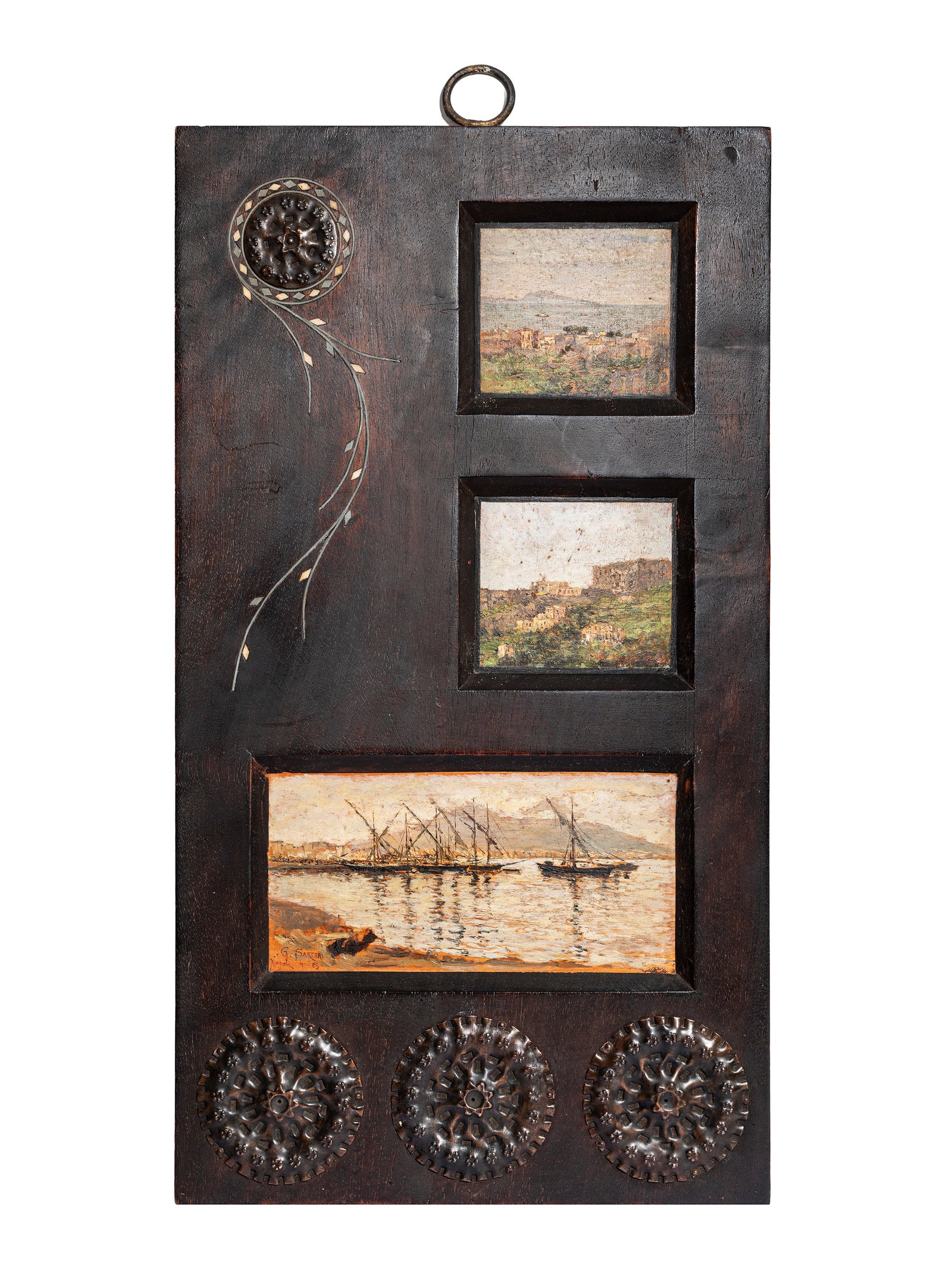 Carlo Bugatti(1856 - 1940) FRAME WITH PAINTINGS, 19th / 20th century: h cm 45 x l cm 25 In ebonised walnut with pewter inlays and applied repoussé copper, containing three oil paintings depicting landscapes by Giuseppe Sartori; one signed and dated “G. Sartori, Napol