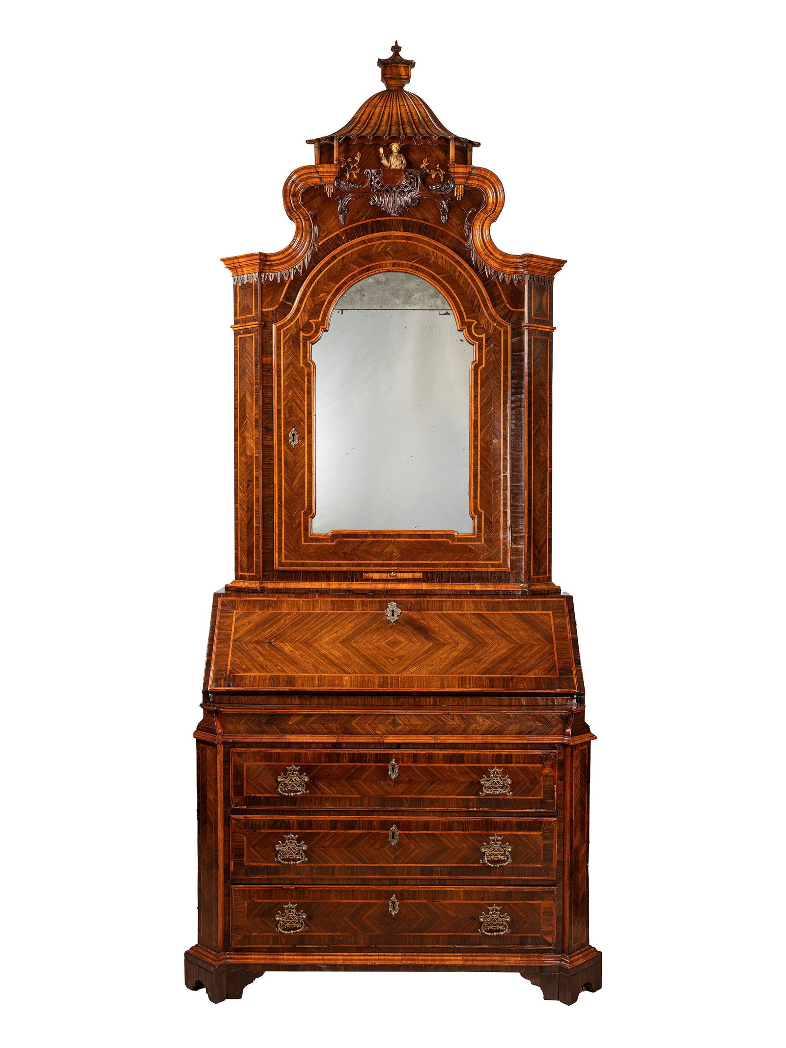 LARGE TRUMEAU, Venice, 18th century: h cm 263 x l cm 103,5 x w cm 60 Veneered in walnut and inlaid with burl and fine woods, surmounted by an elegant pagoda-shaped cresting with an orientalist figure carved in gilt wood.