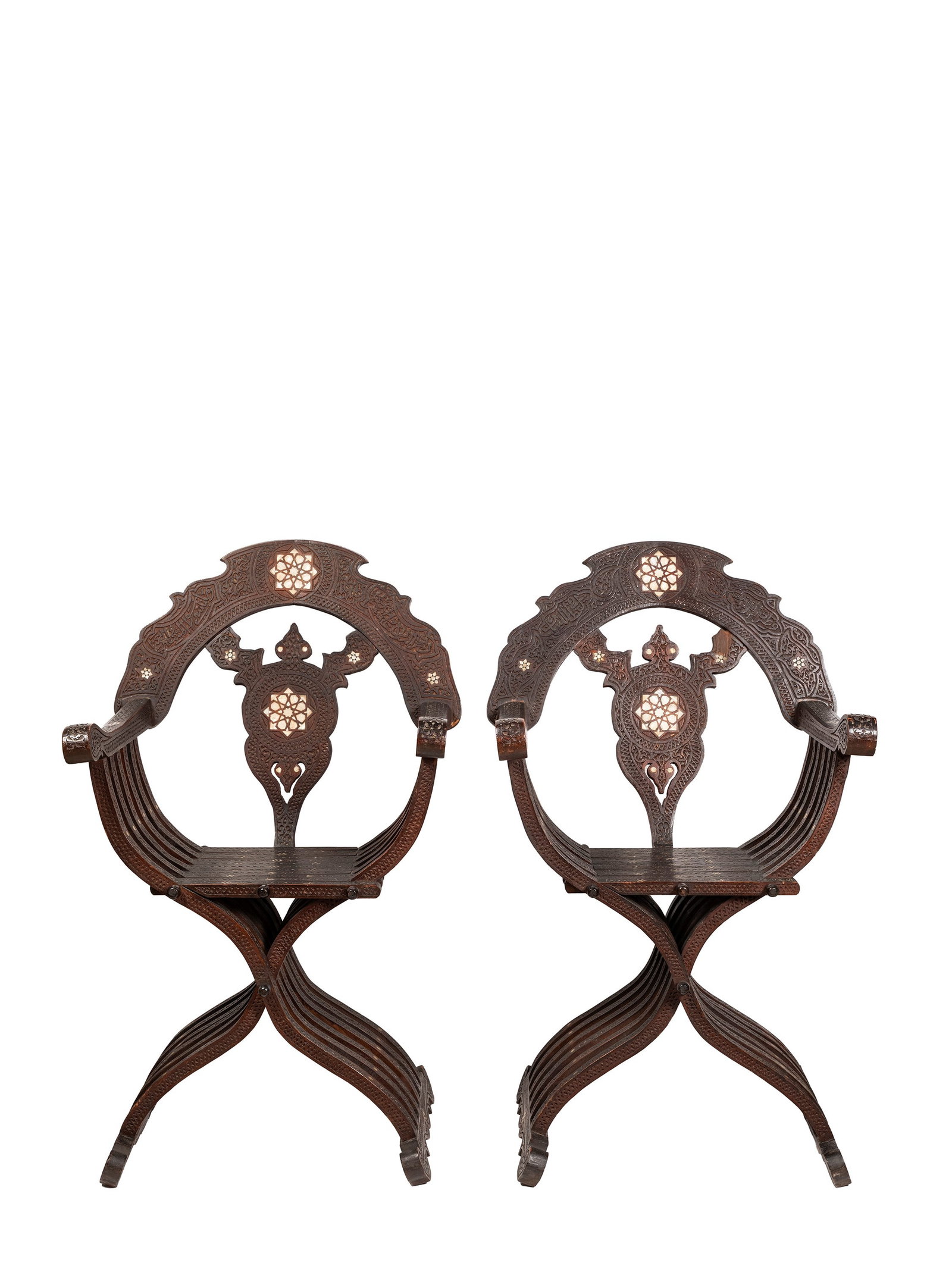 A PAIR OF “SAVONAROLA??-TYPE ARMCHAIRS IN WOOD INLAID WITH MOTHER-OF-PEARL, Ottoman Empire, 19th (1 of 4)