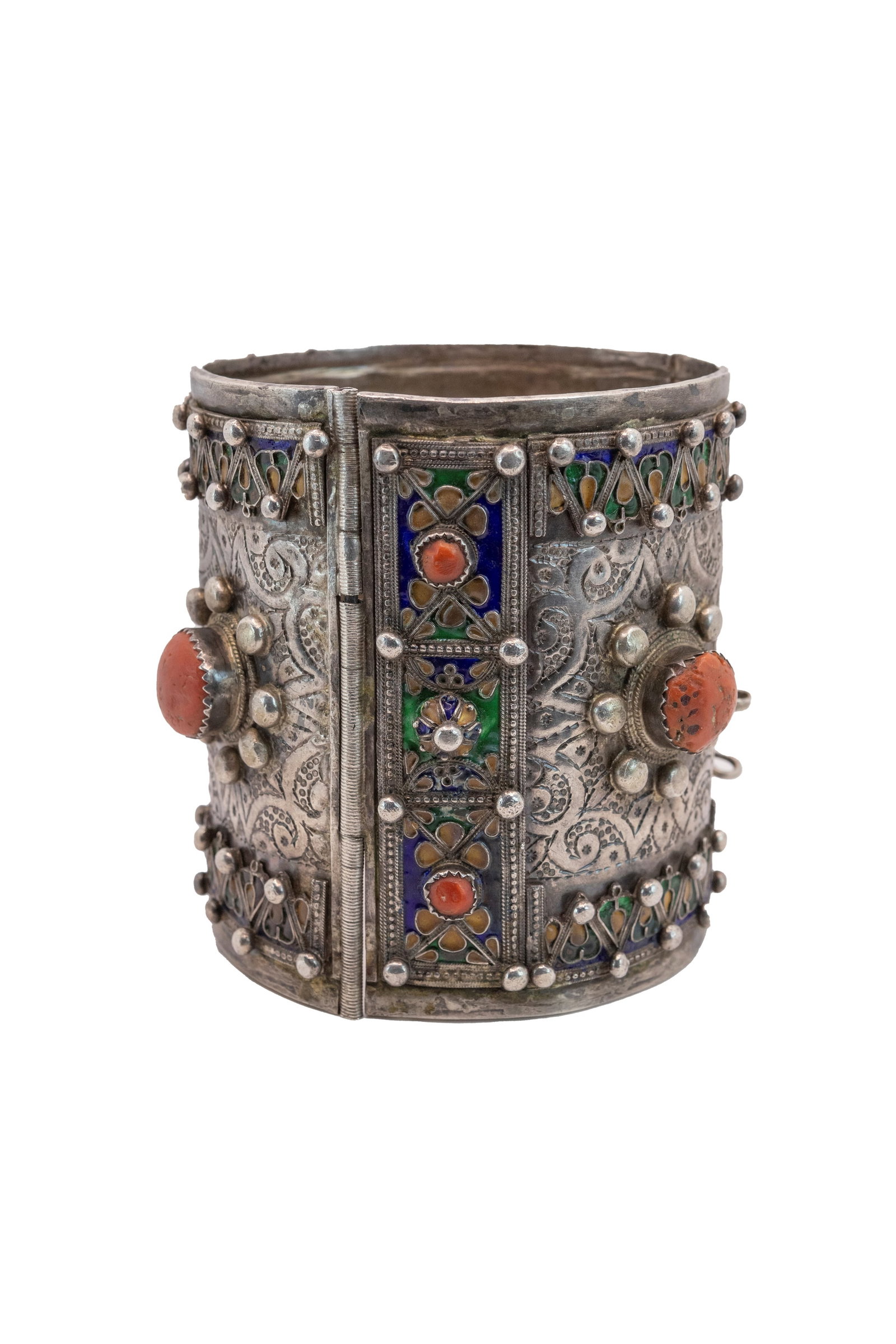 °A BERBER ANKLET IN SILVER AND POLYCHROME ENAMELS WITH SET CORALS, Algeria, early 20th century (1 of 4)