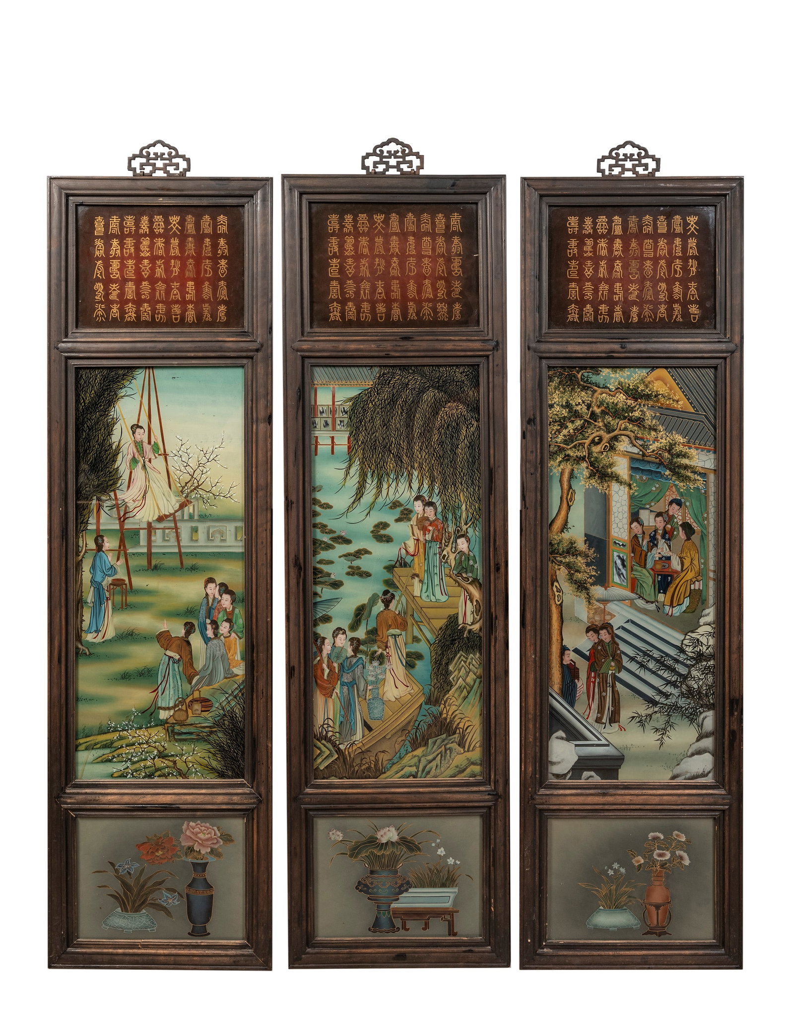 THREE WOODEN PANELS WITH VERRE-PAINT, China, Republic of China (1912–1949): h cm 129 x l cm 36 The panels are divided into three sections: the lower part depicts elegant flower vases; the central section shows ladies playing and conversing in a palace courtyard; the upper par