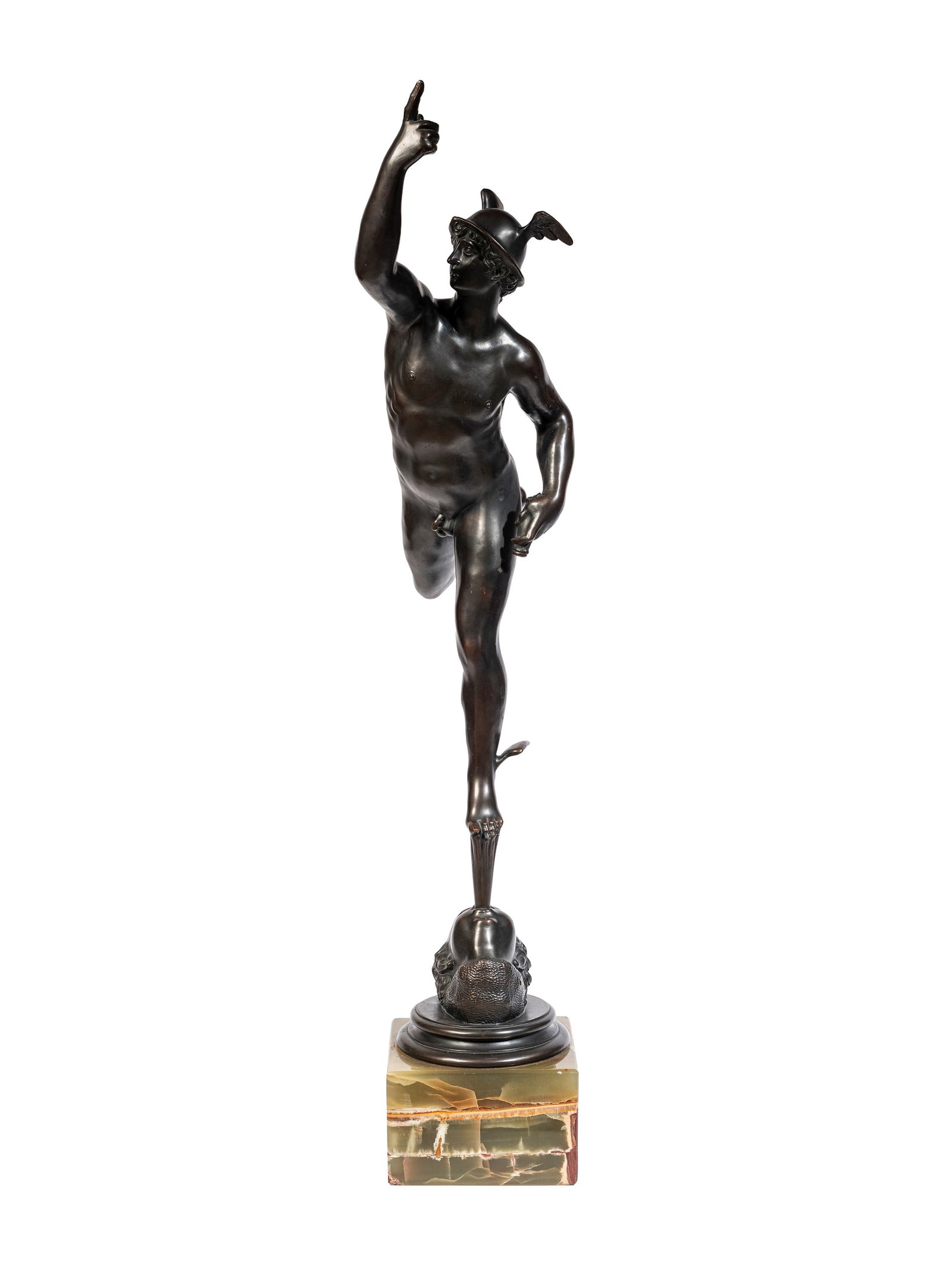 A MERCURY IN DARK-PATINATED BRONZE, 19th century: h tot. cm 91 From a celebrated model by Giambologna, modelled in the act of taking flight propelled by the breath of Zephyr; with a marble base.