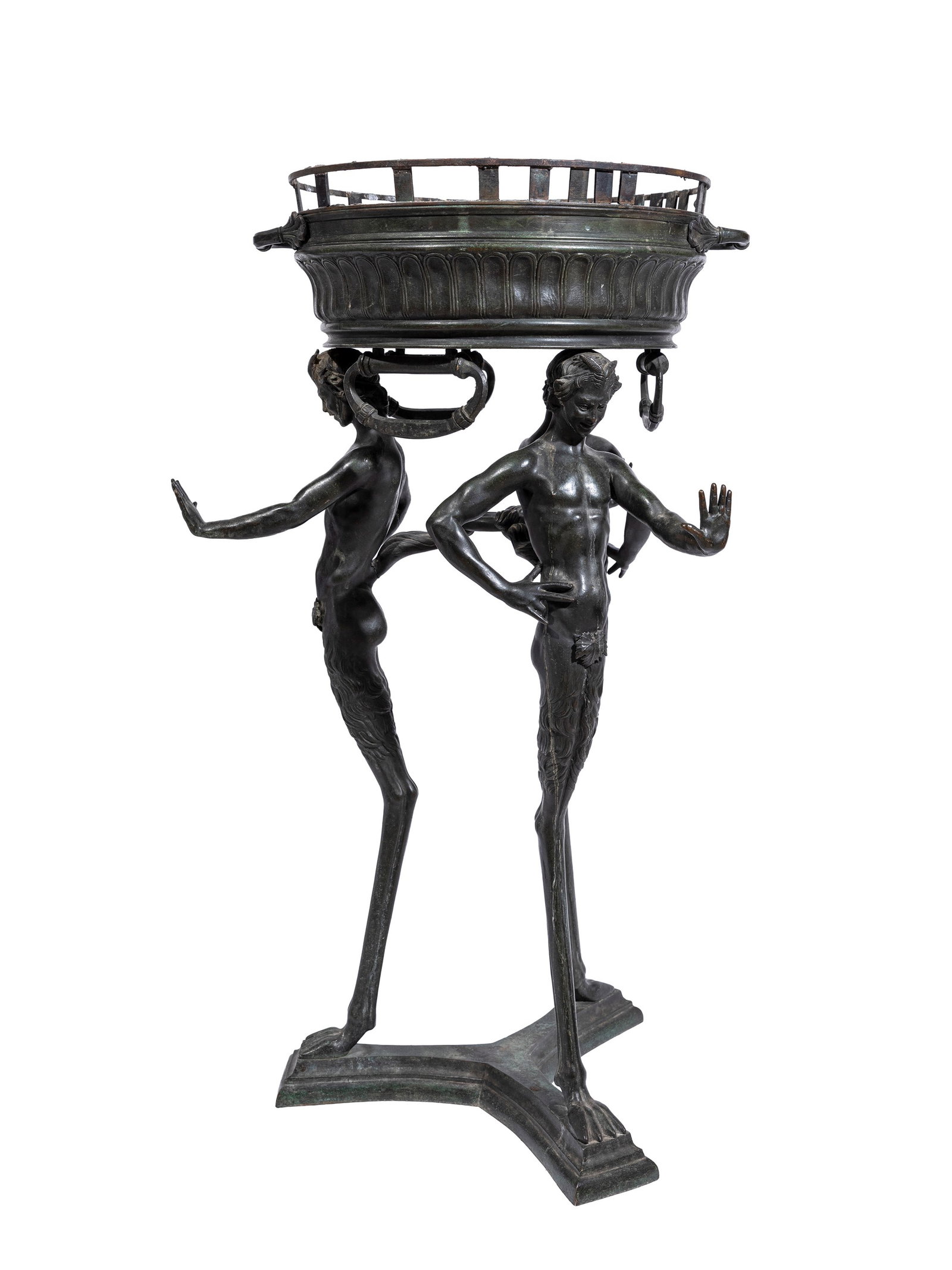 TRIPOD BRAZIER IN BRONZE WITH SATYRS, 19th century: h cm 86 Probable Chiurazzi Foundry, derived from the Pompeian model of the bronze tripod with ithyphallic satyrs, preserved in the Archaeological Museum of Naples.